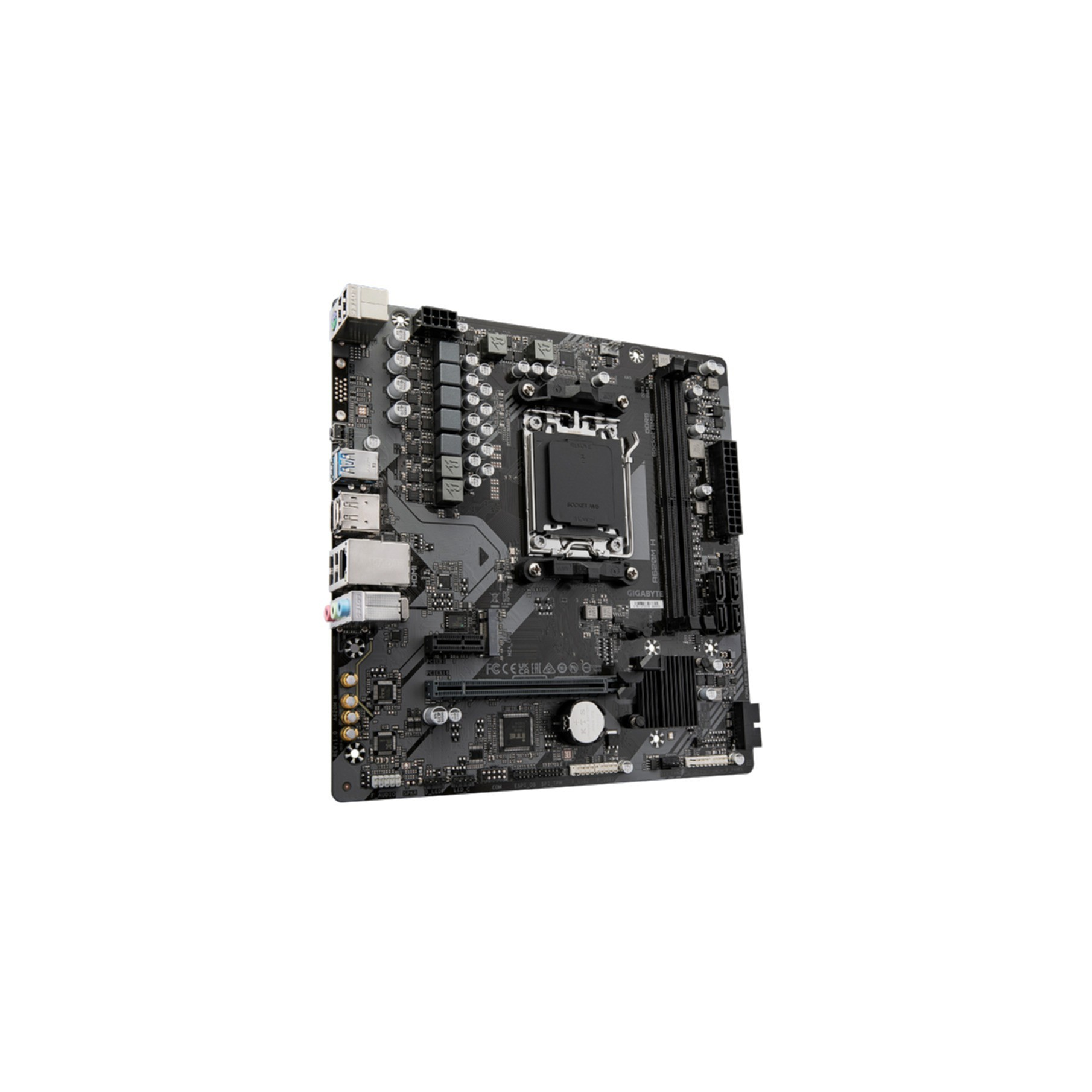 Szczegółowy widok czarnej płyty głównej z gniazdem procesora i portami.