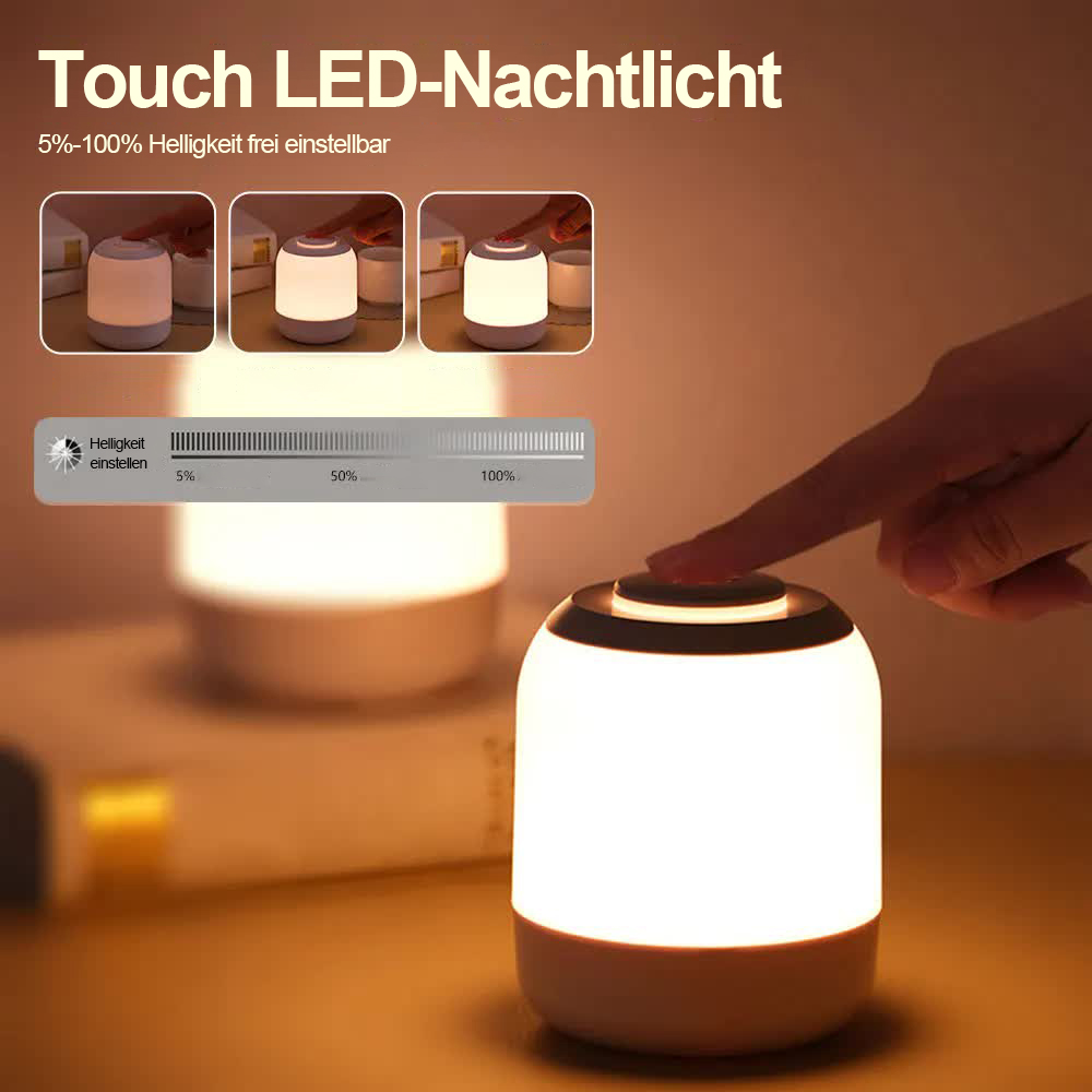 Eine Hand berührt eine leuchtende Nachttischlampe, Helligkeit einstellbar.
