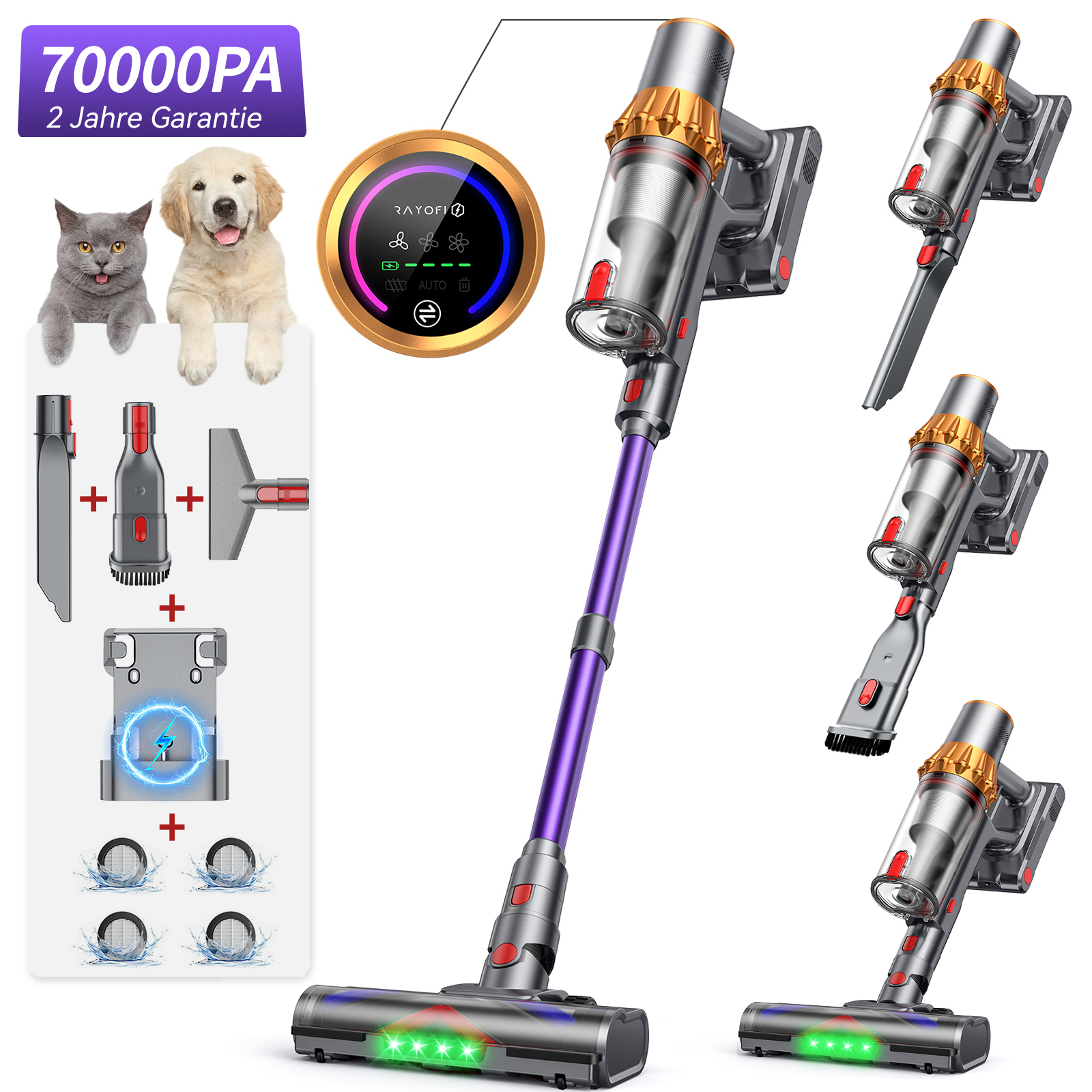 Ein Akku-Staubsauger mit Zubehör, Display, Katze und Hund.
