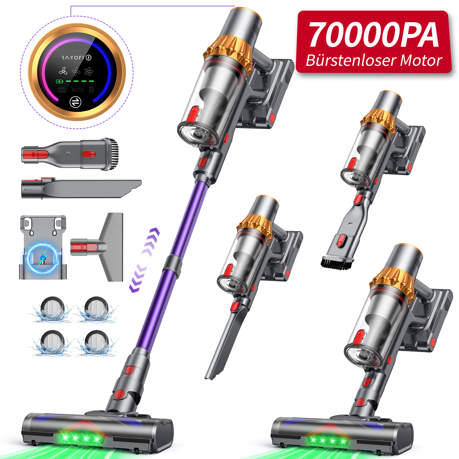 Ein violetter Akku-Staubsauger mit Zubehör und einem Display. Zeigt 70000PA.