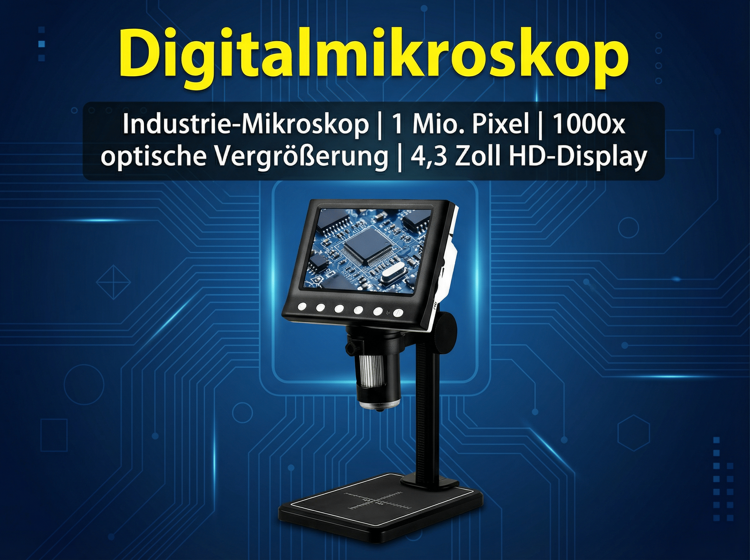 Digitalmikroskop mit HD-Display zeigt eine Leiterplatte. Hintergrund ist blau.