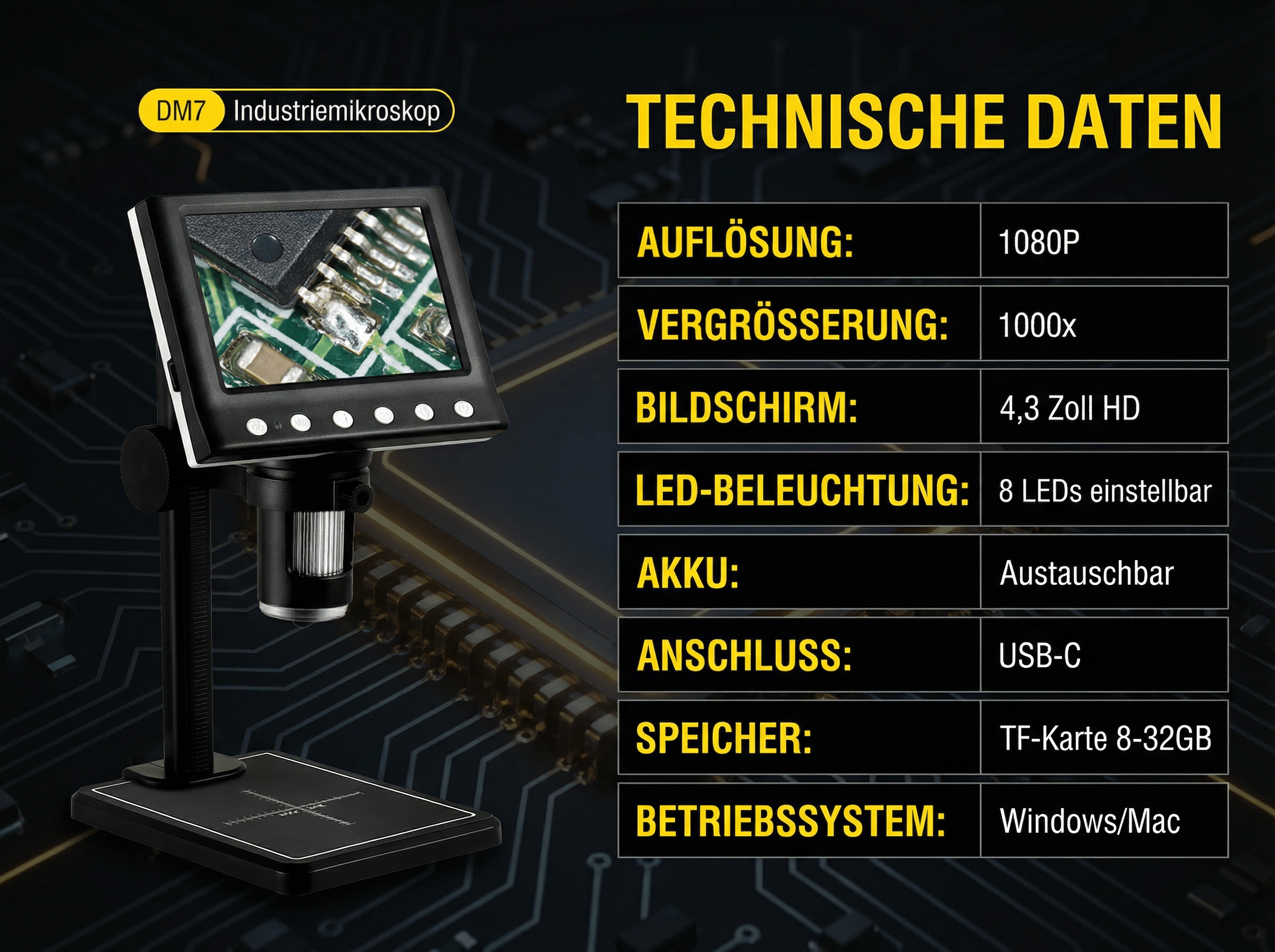 Industriemikroskop DM7 mit technischen Daten: 1080P Auflösung, 1000x Vergrößerung.