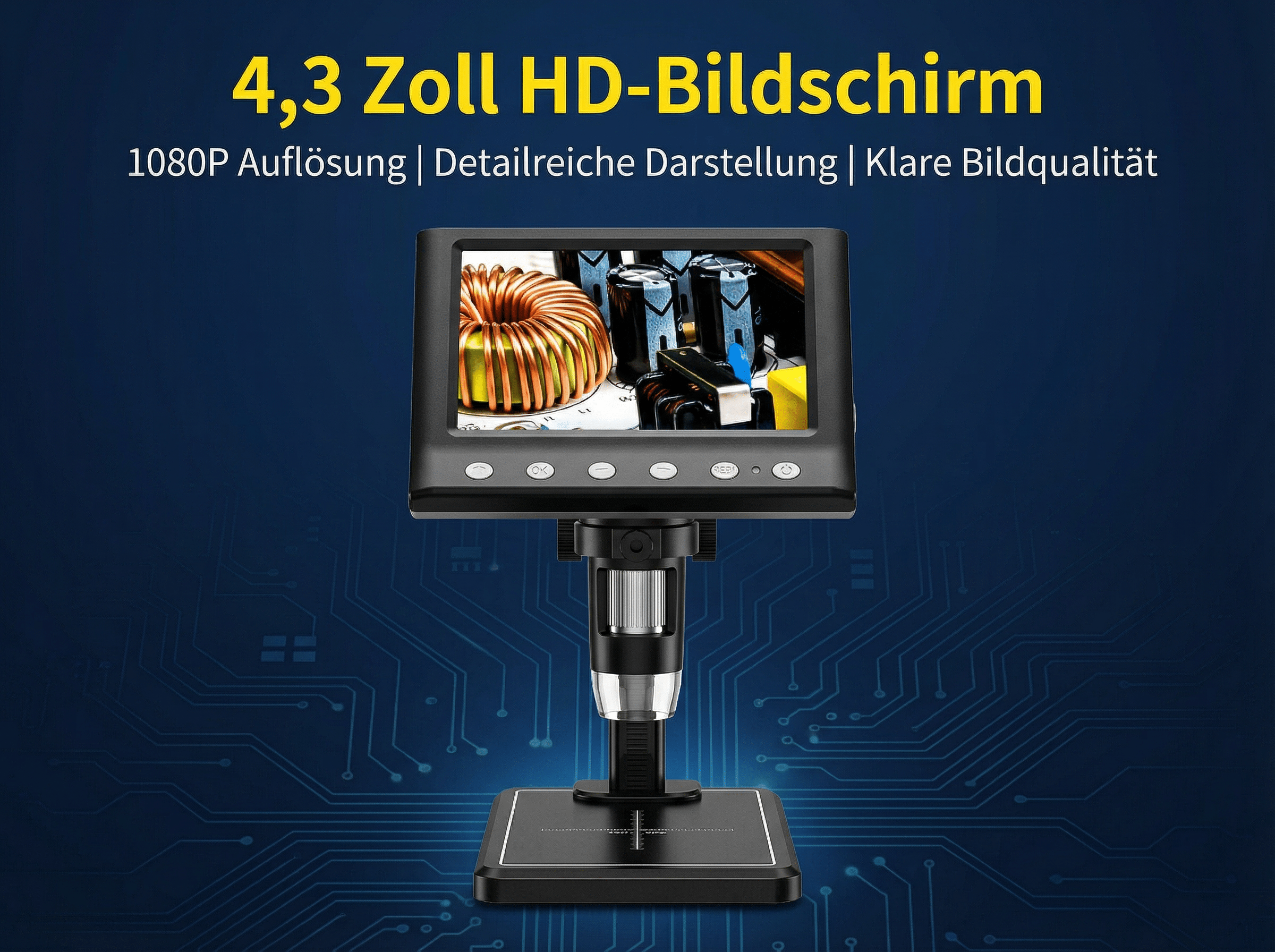 Ein digitales Mikroskop mit 4,3-Zoll-HD-Bildschirm zeigt eine Spule.