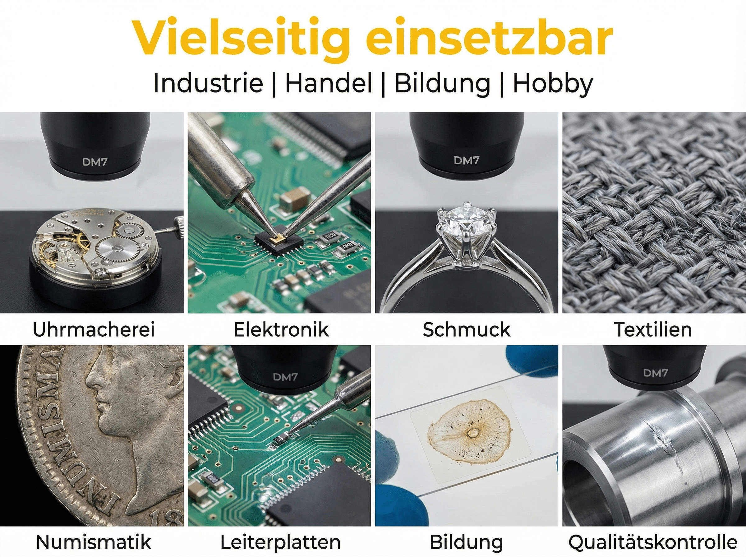 Collage zeigt Mikroskopansichten: Uhrwerk, Elektronik, Ring, Stoff, Münze, Leiterplatte, Probe, Metallteil.