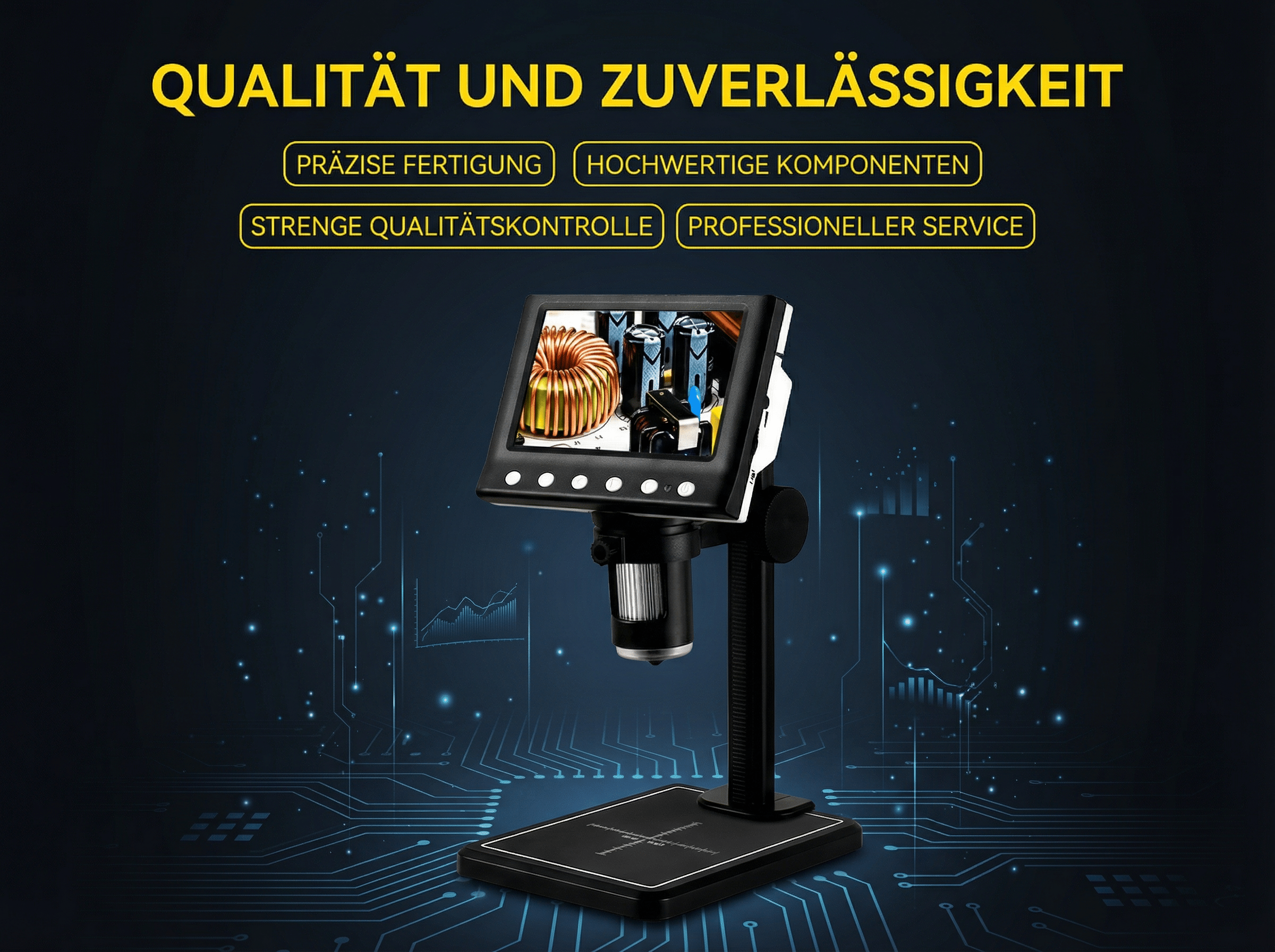 Digitalmikroskop mit Bildschirm zeigt Spule und Kondensatoren. Hintergrund mit Schaltkreisen.