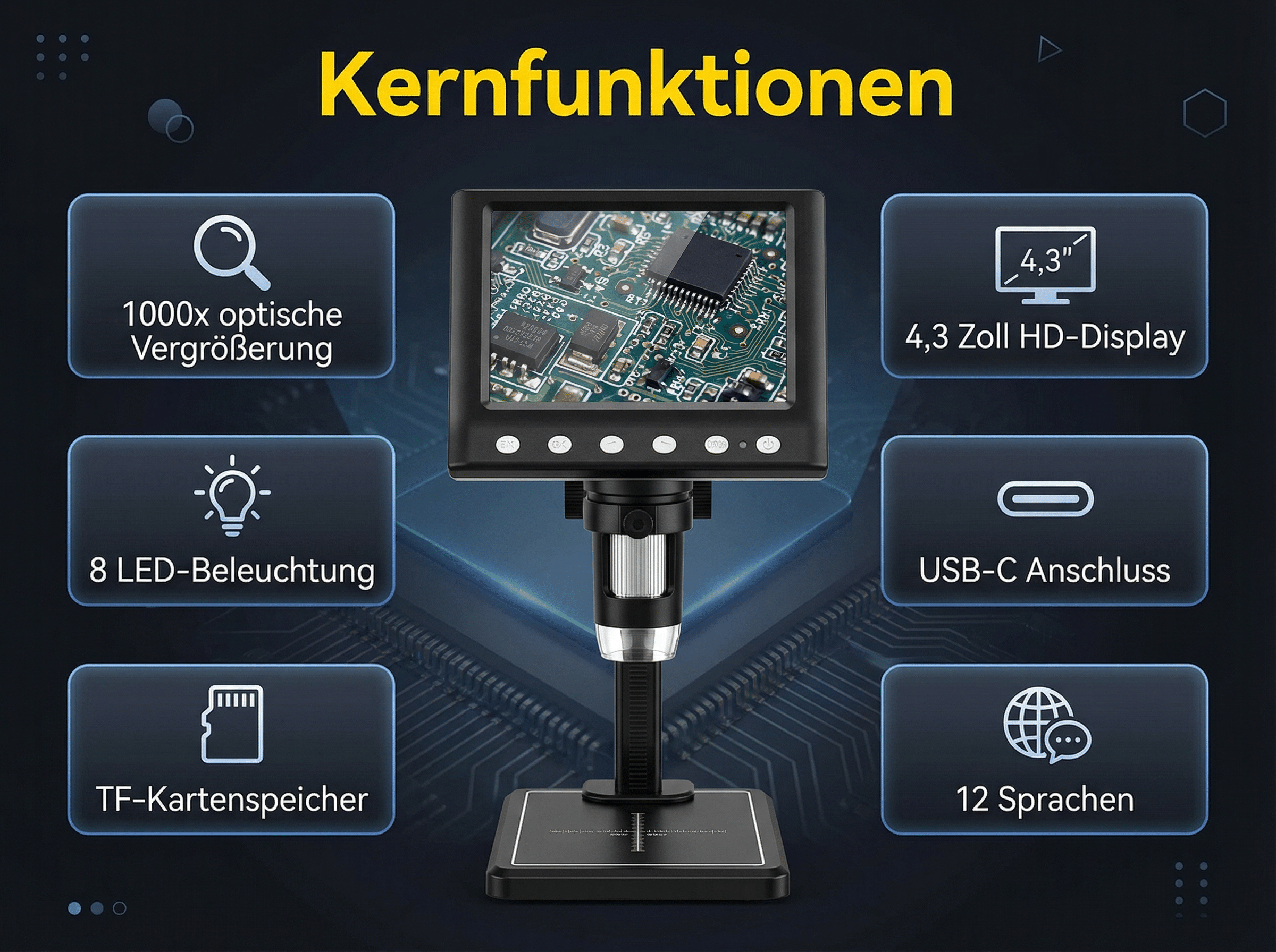 Digitalmikroskop mit 4,3 Zoll HD-Display, 1000x Vergrößerung, 8 LEDs, USB-C.