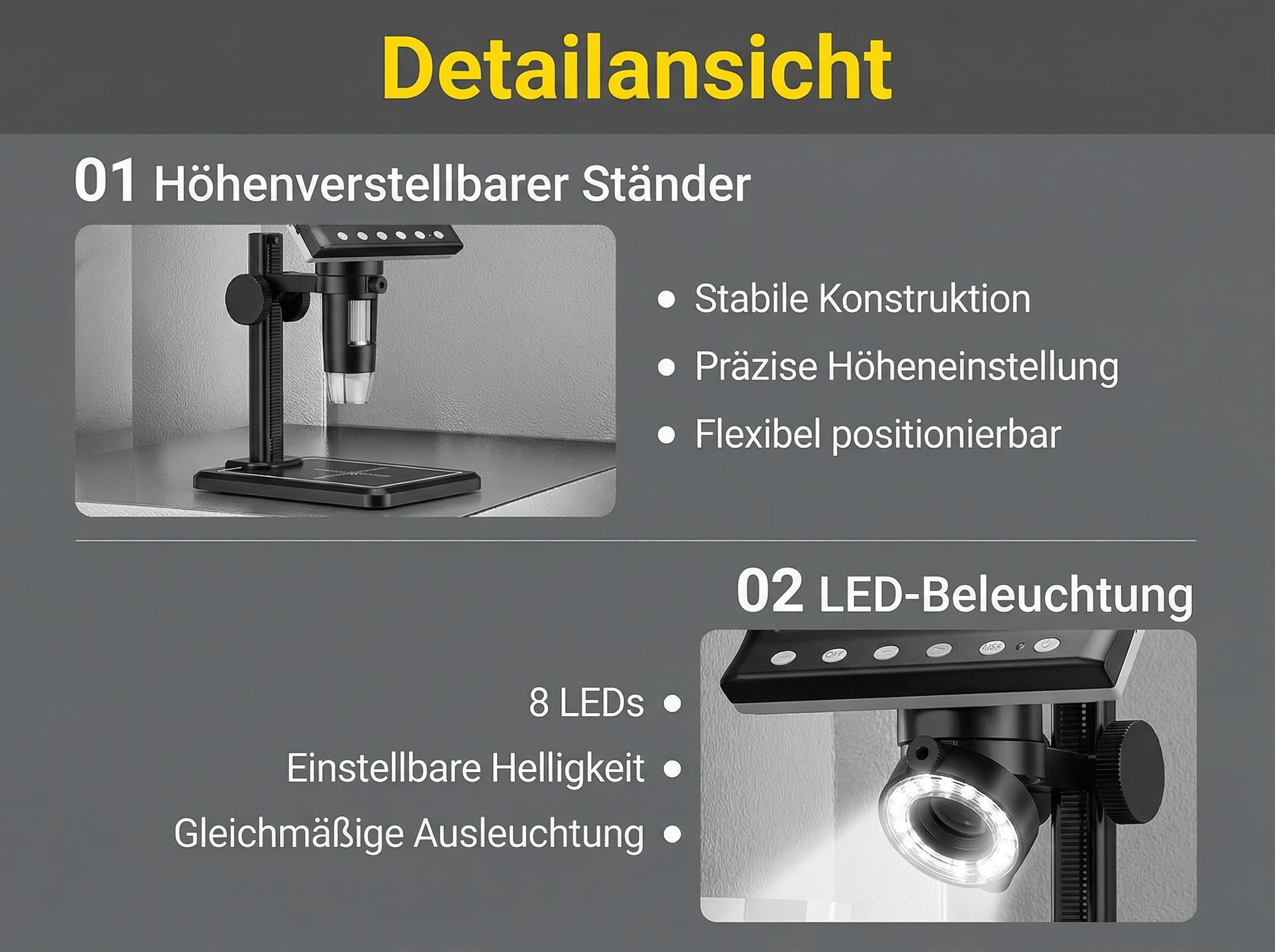 Mikroskop mit höhenverstellbarem Ständer und LED-Beleuchtung.