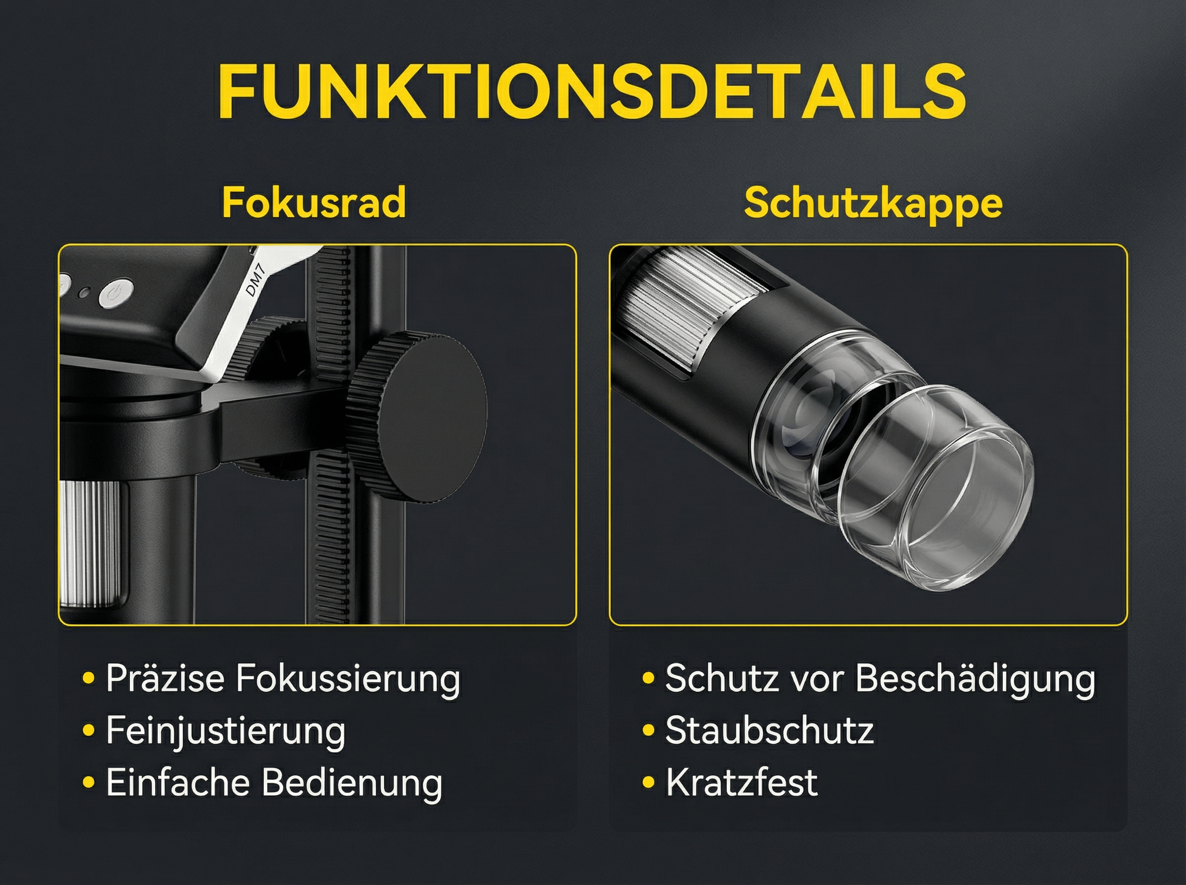 Funktionsdetails: Fokusrad, Schutzkappe, Präzise Fokussierung, Staubschutz.
