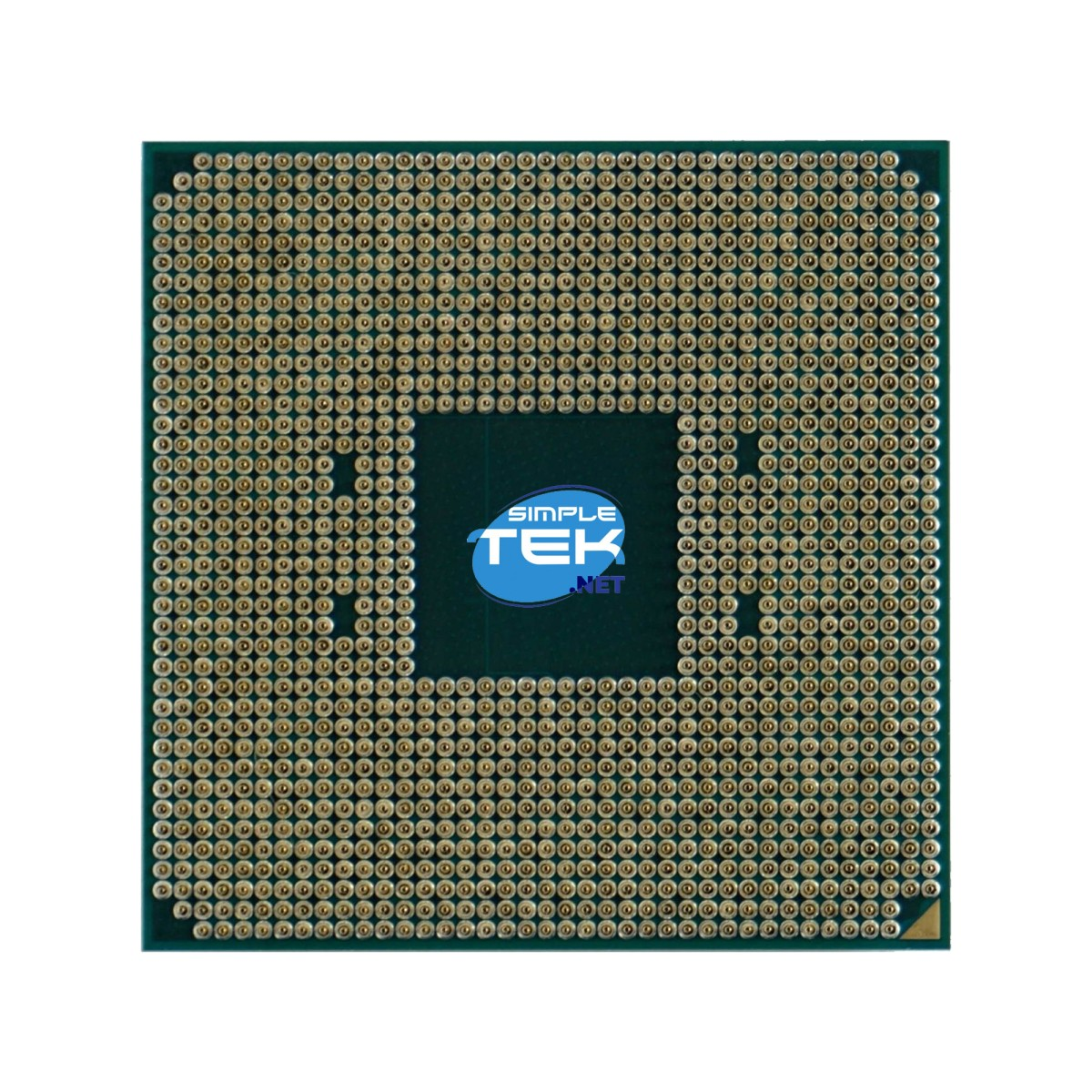 Procesor komputerowy z wieloma złotymi pinami i niebieskim logo pośrodku.