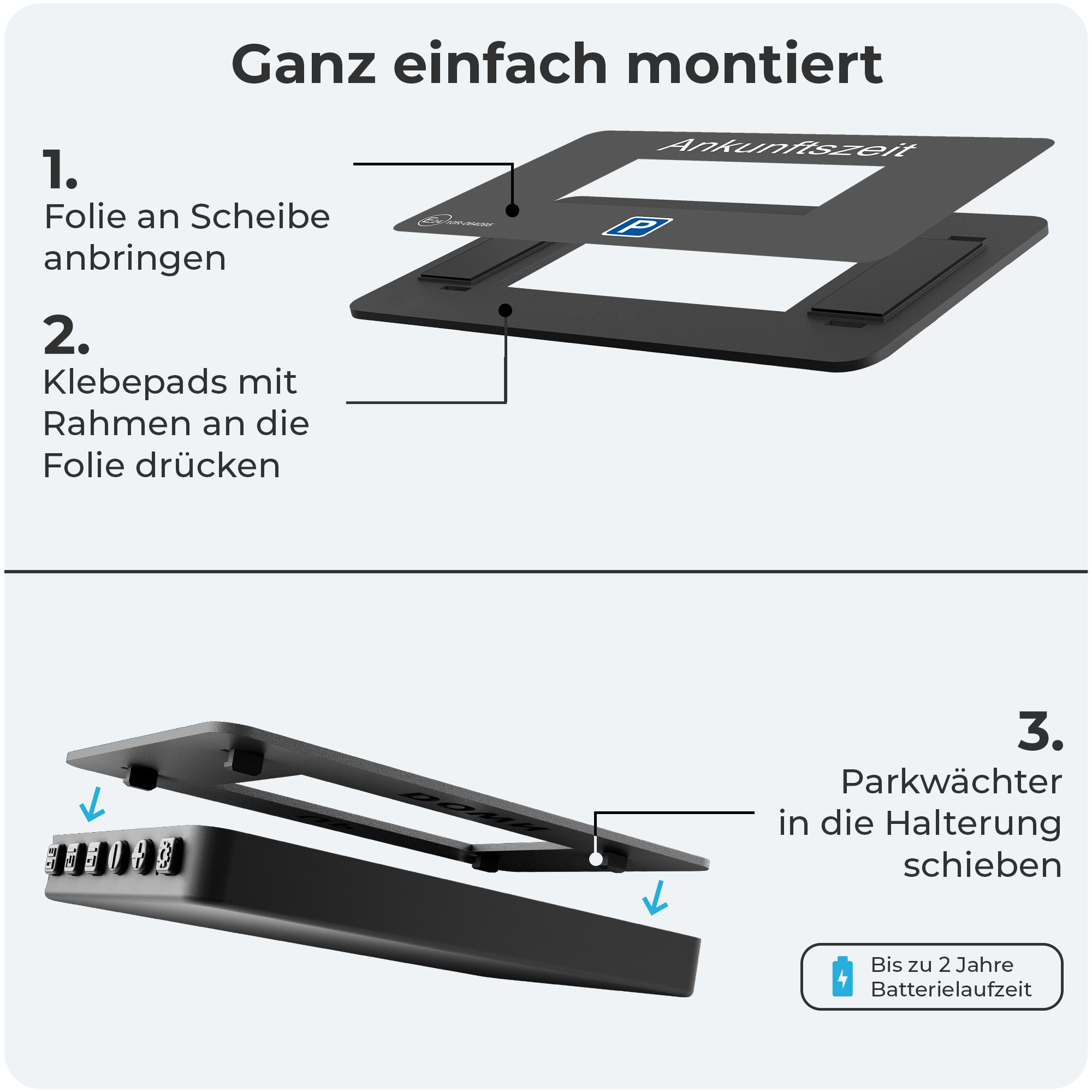 Schritt-für-Schritt-Anleitung zur Montage eines Parkwächters. Enthält eine Batterieanzeige.