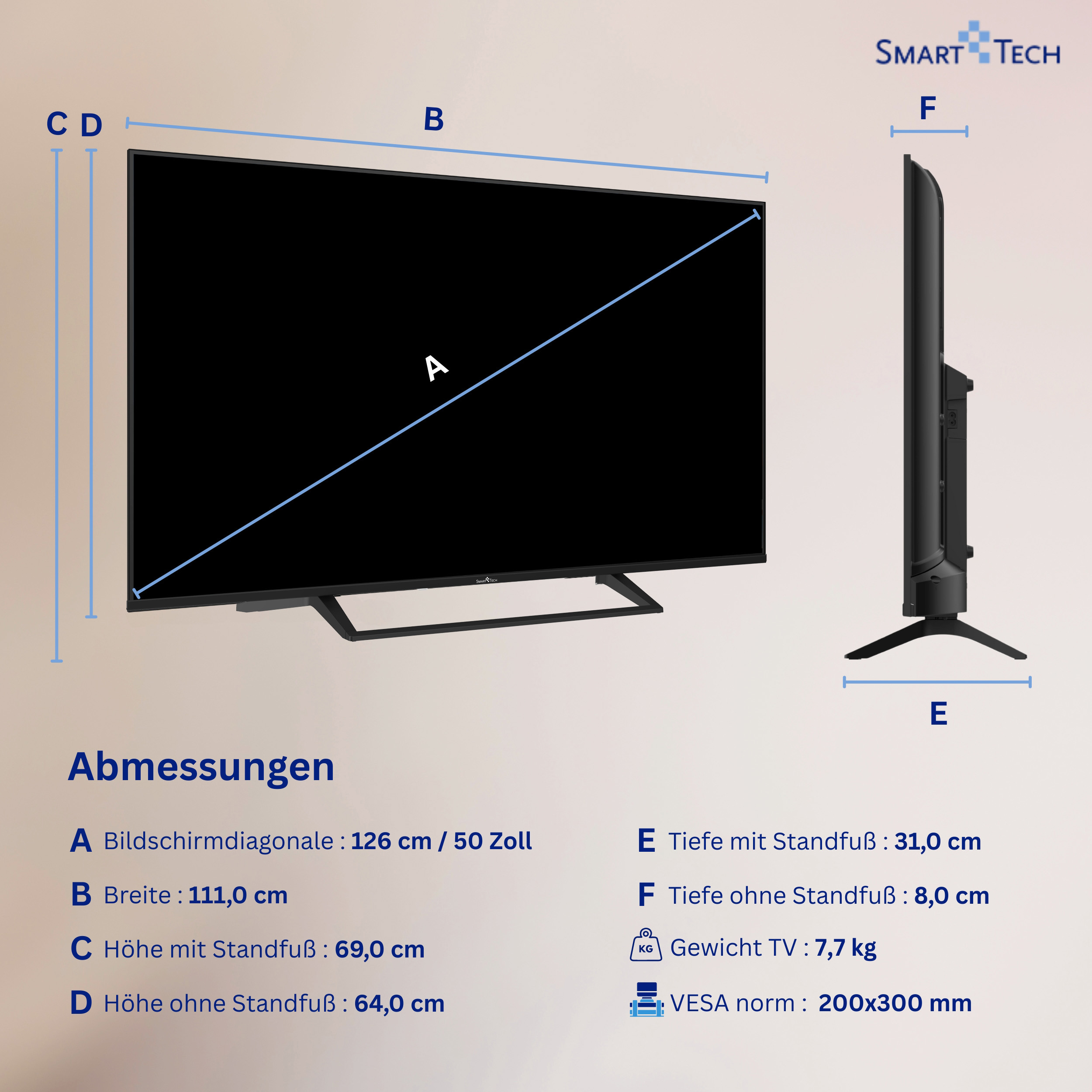 Ein Smart Tech Fernseher mit Maßen: 126cm Diagonale, 111cm Breite, 69cm Höhe.