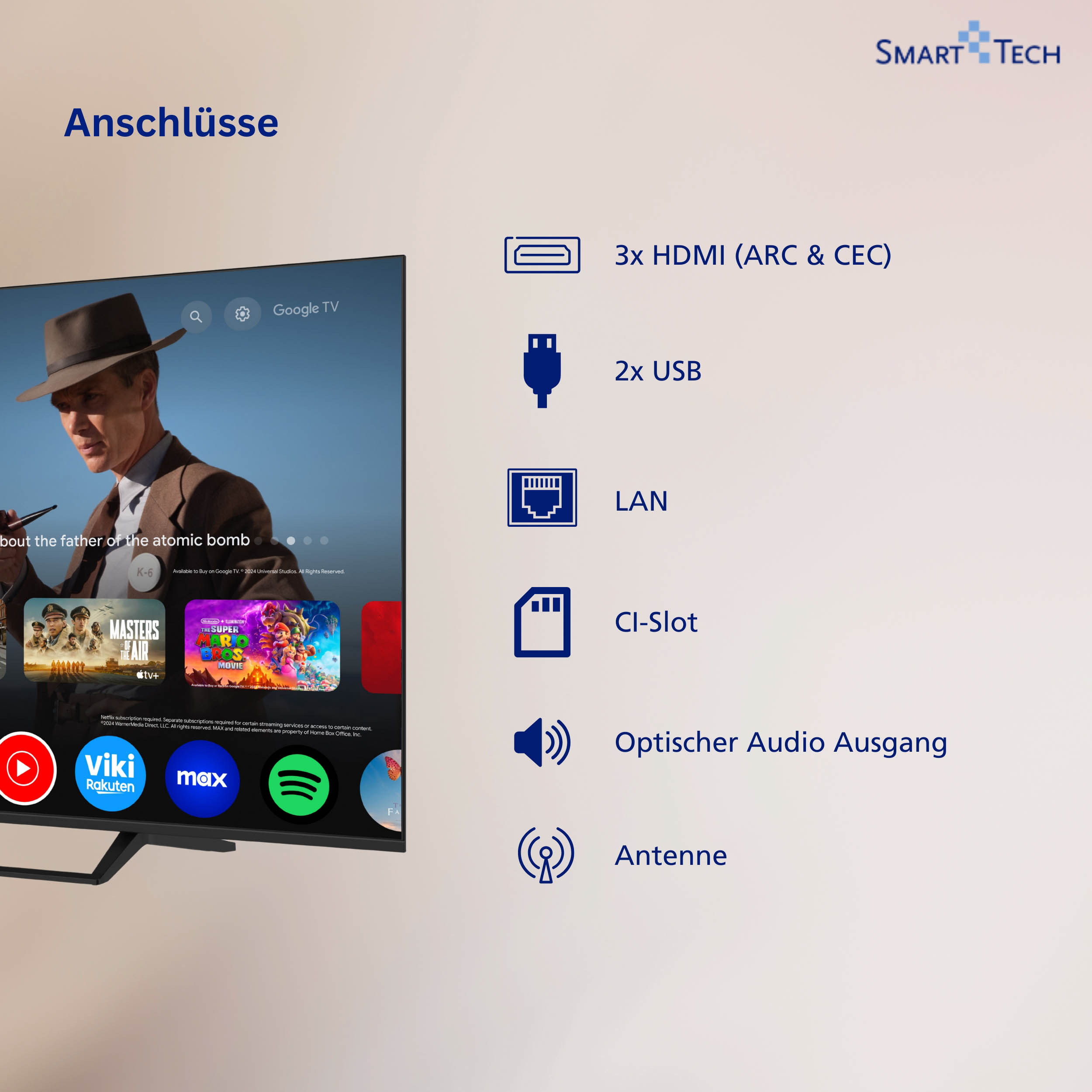 Anschlüsse: 3x HDMI, 2x USB, LAN, CI-Slot, Optischer Audioausgang, Antenne.