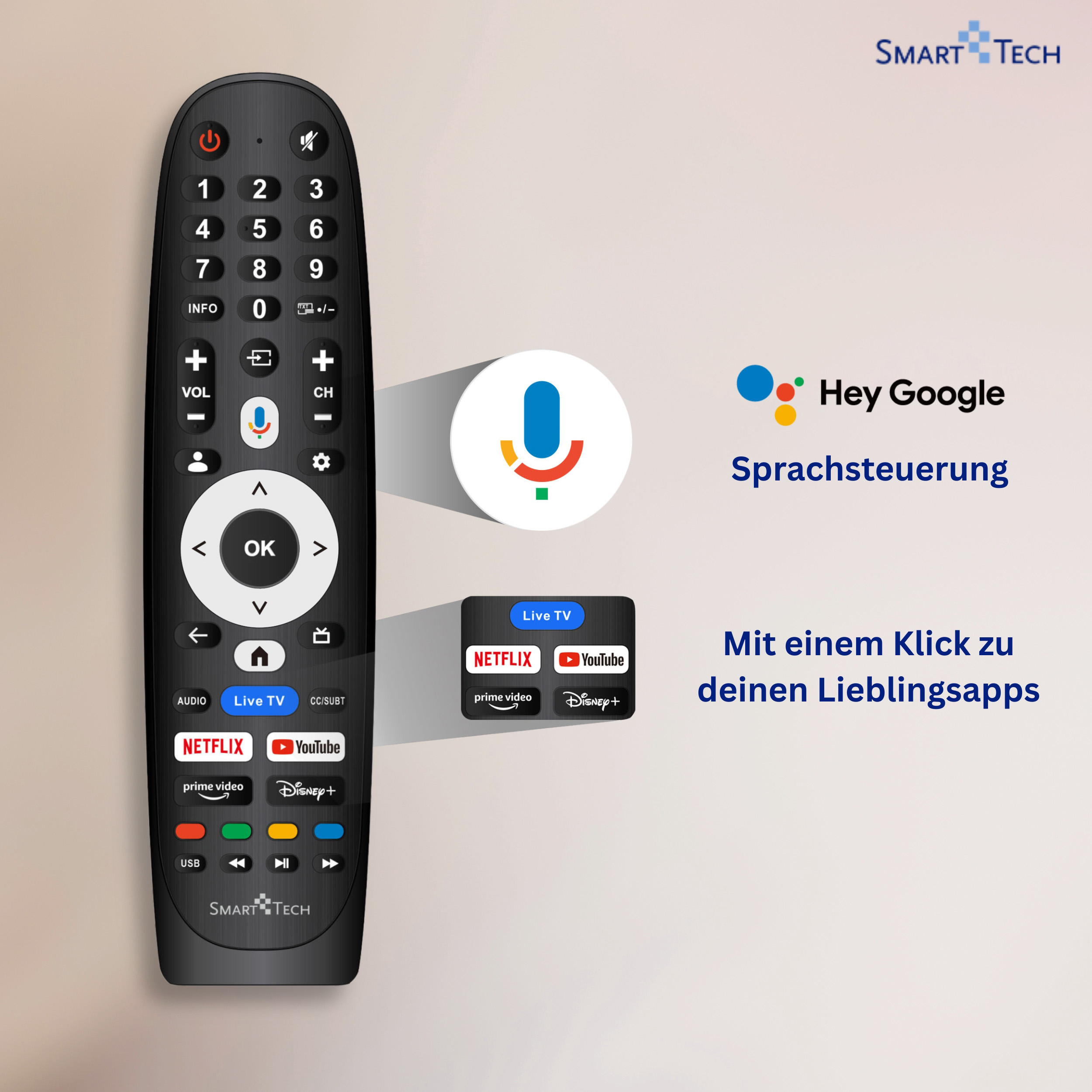 Schwarze Fernbedienung mit App-Symbolen und Google Assistant.
