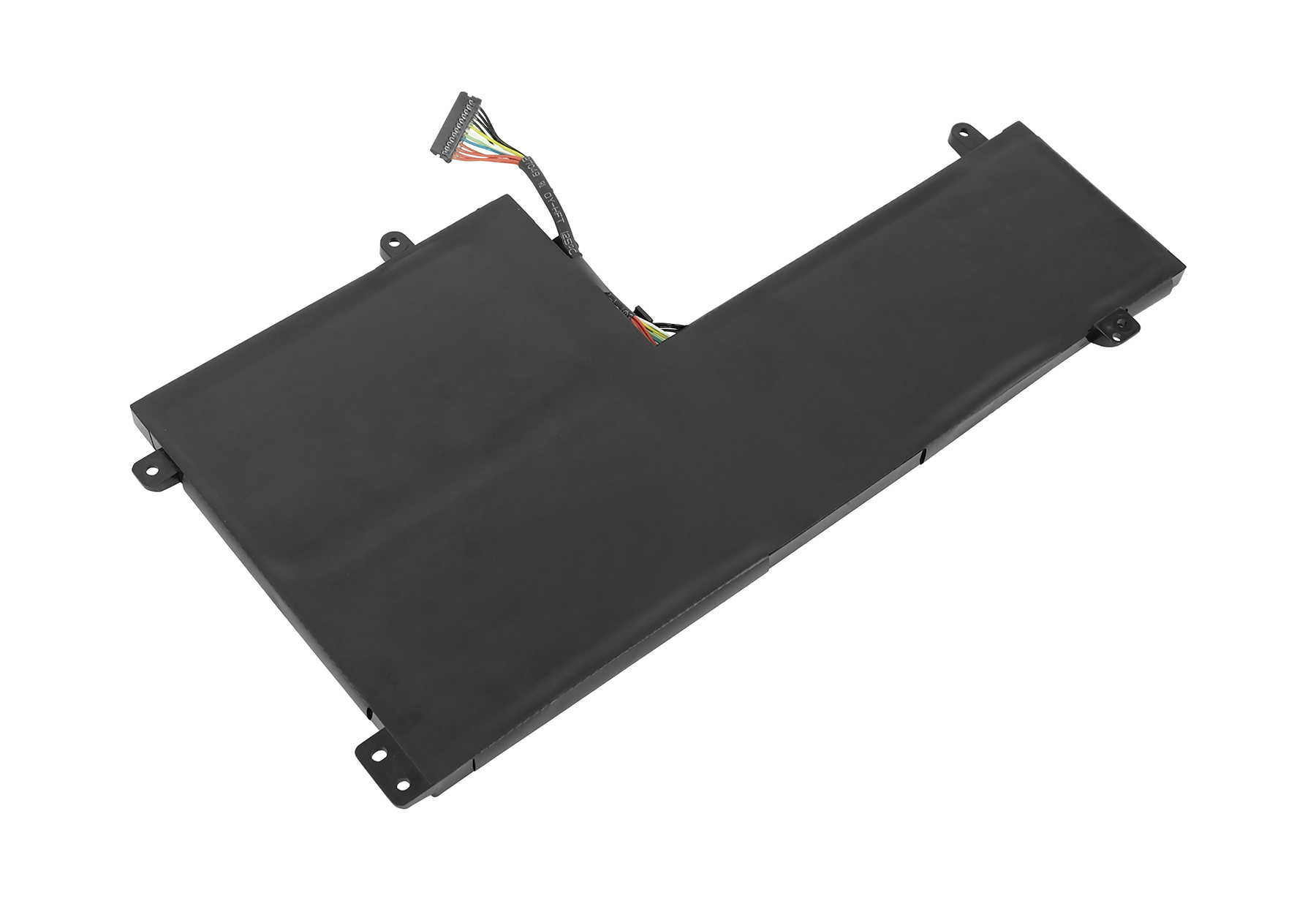 Schwarzer Laptop-Akku mit Kabeln und Anschluss, auf weißem Hintergrund.