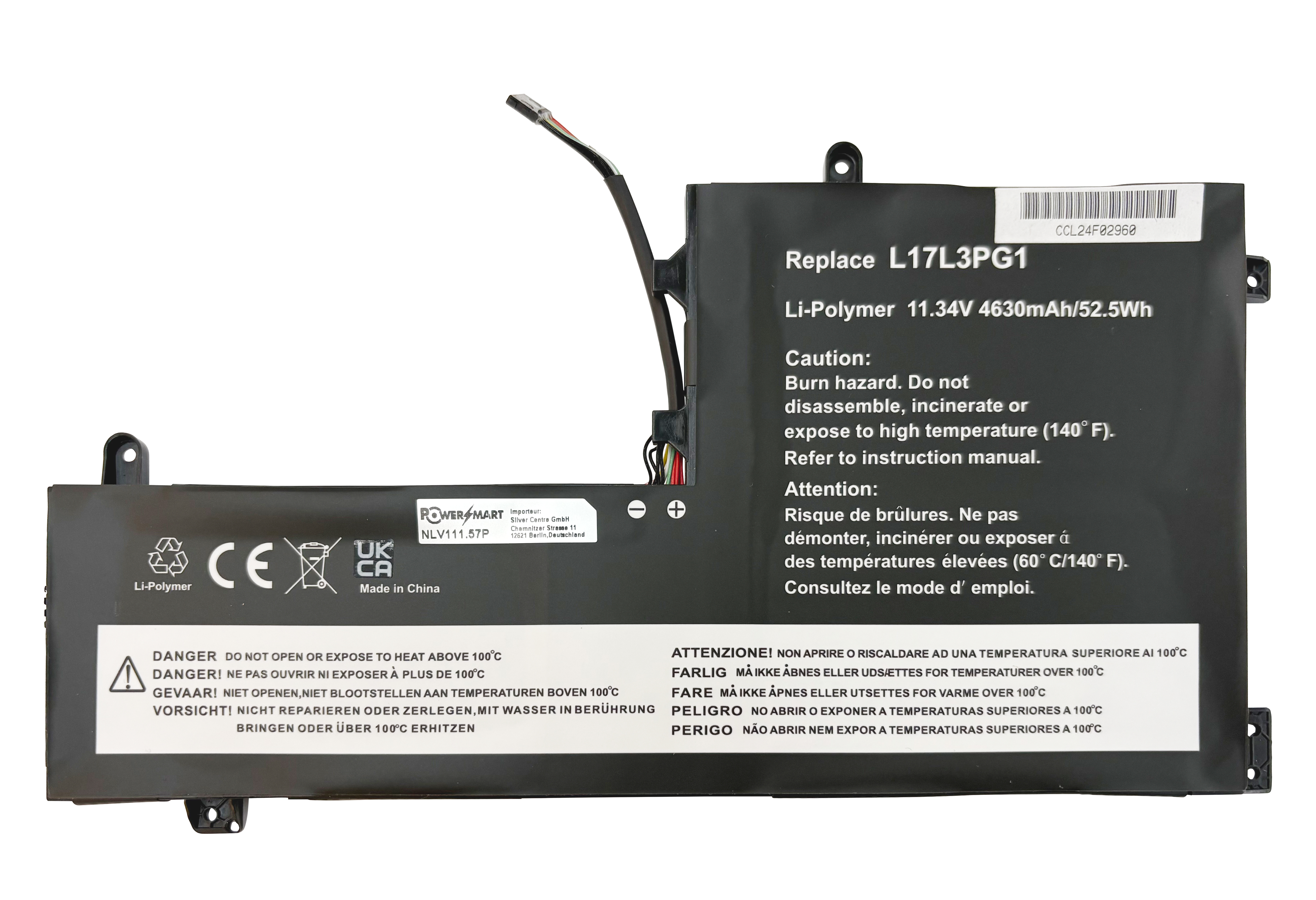 Schwarzer Li-Polymer Akku mit Kabeln, Modell L17L3PG1, 11.34V 4630mAh.