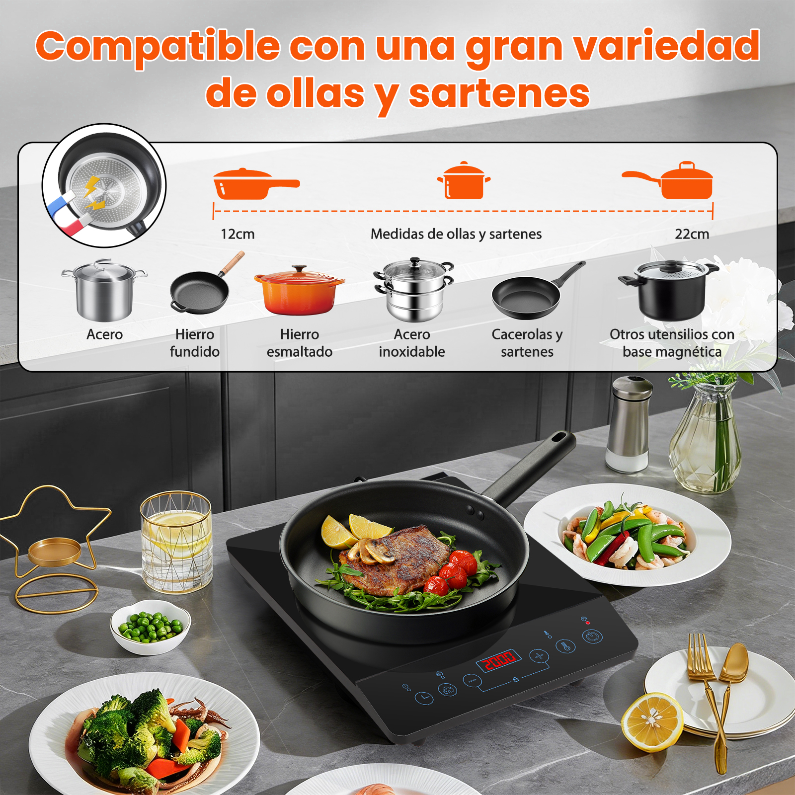 Una placa de inducción con varios utensilios y alimentos.