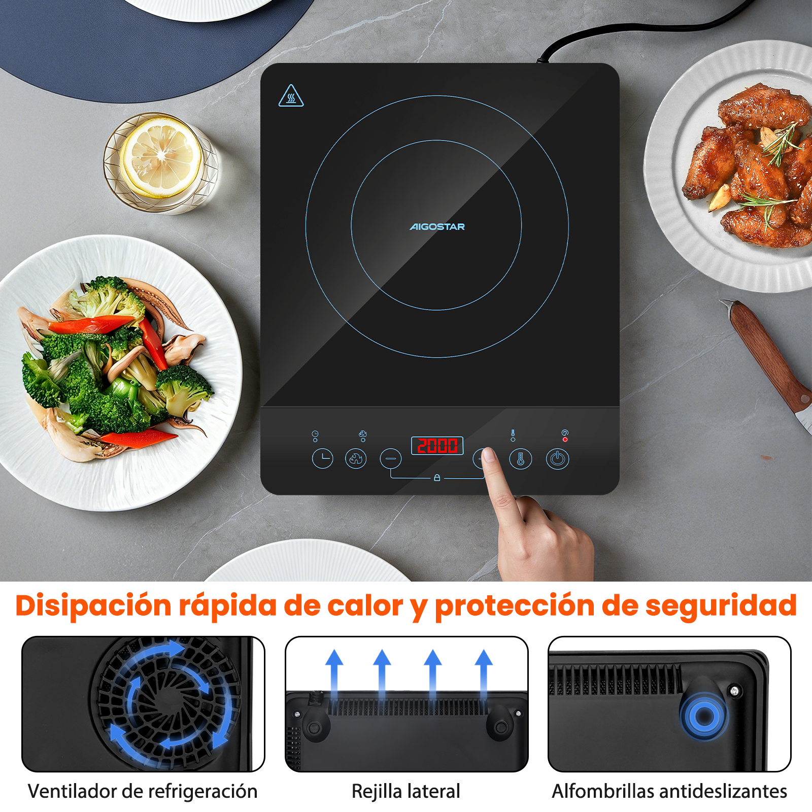 Placa de inducción negra con detalles de comida y ventilador.