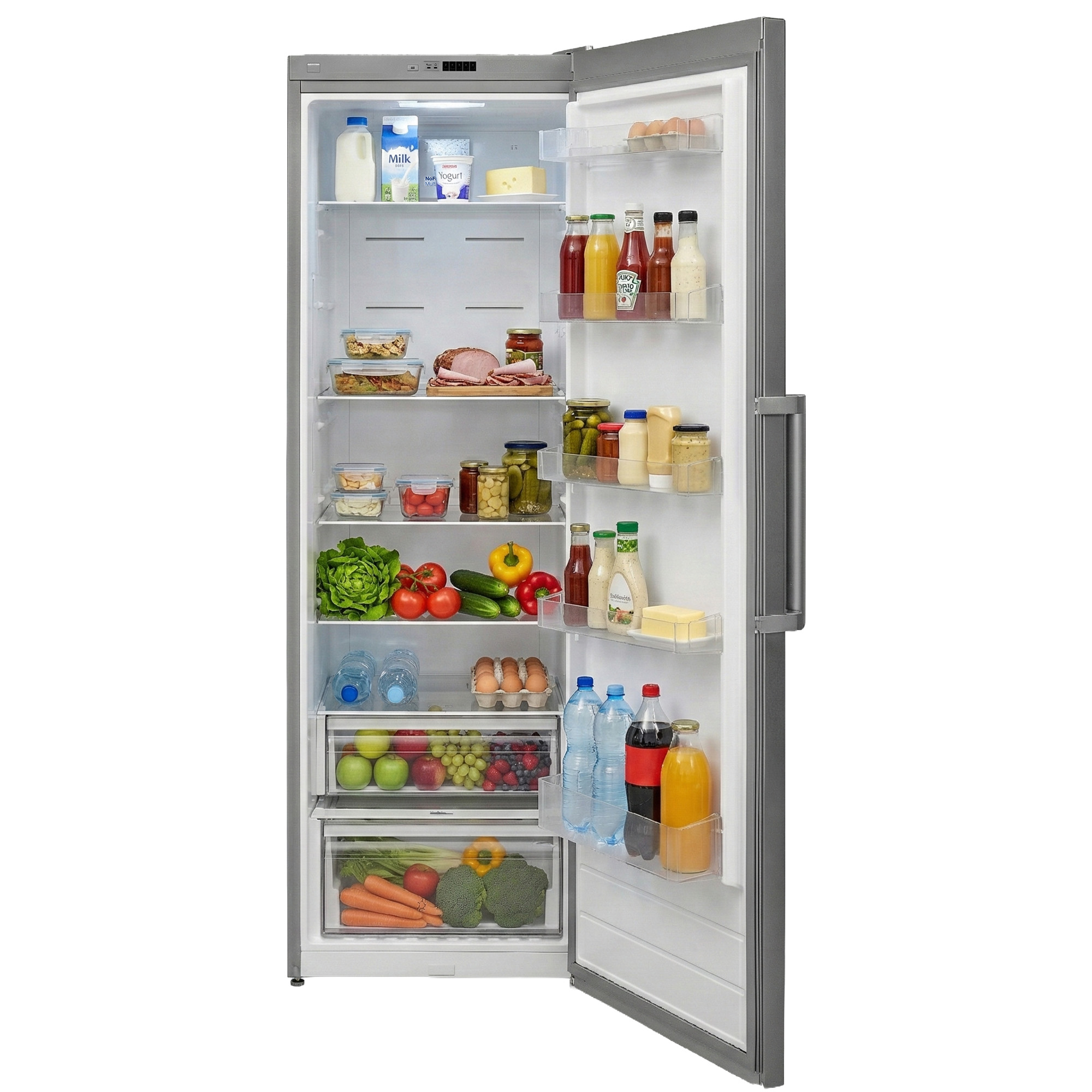 Een open koelkast gevuld met eten: melk, eieren, groenten, fruit, flessen.