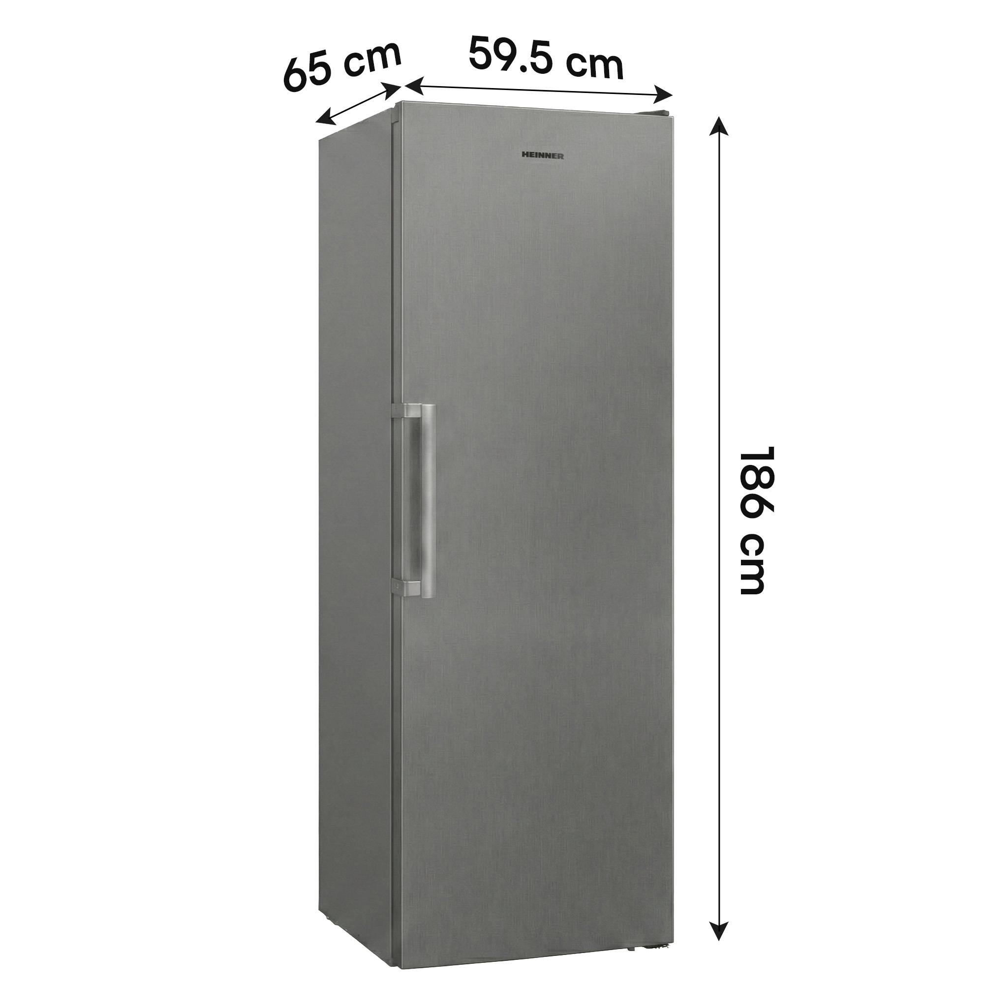 Grijze koelkast met zilveren handvat. Afmetingen: 186x65x59,5cm.