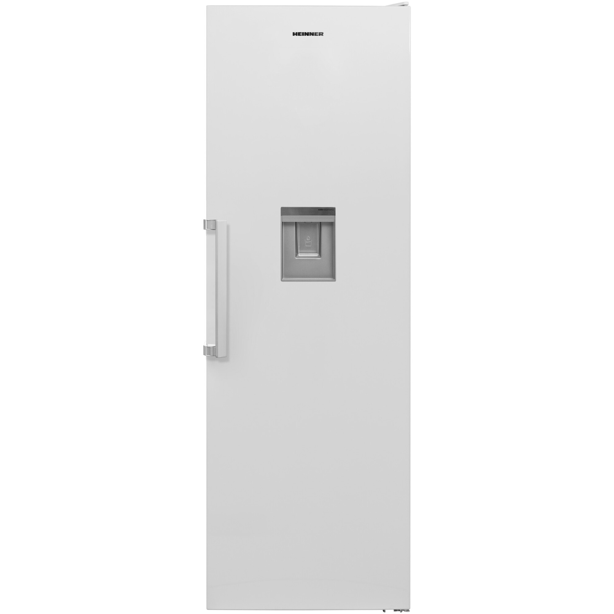 Een witte koelkast met zilveren handvat en waterdispenser.