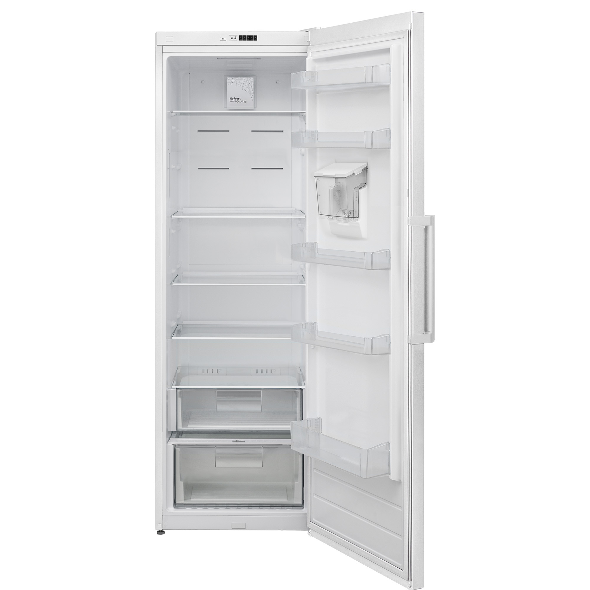Een witte koelkast met open deur, interieur leeg met planken en lade.