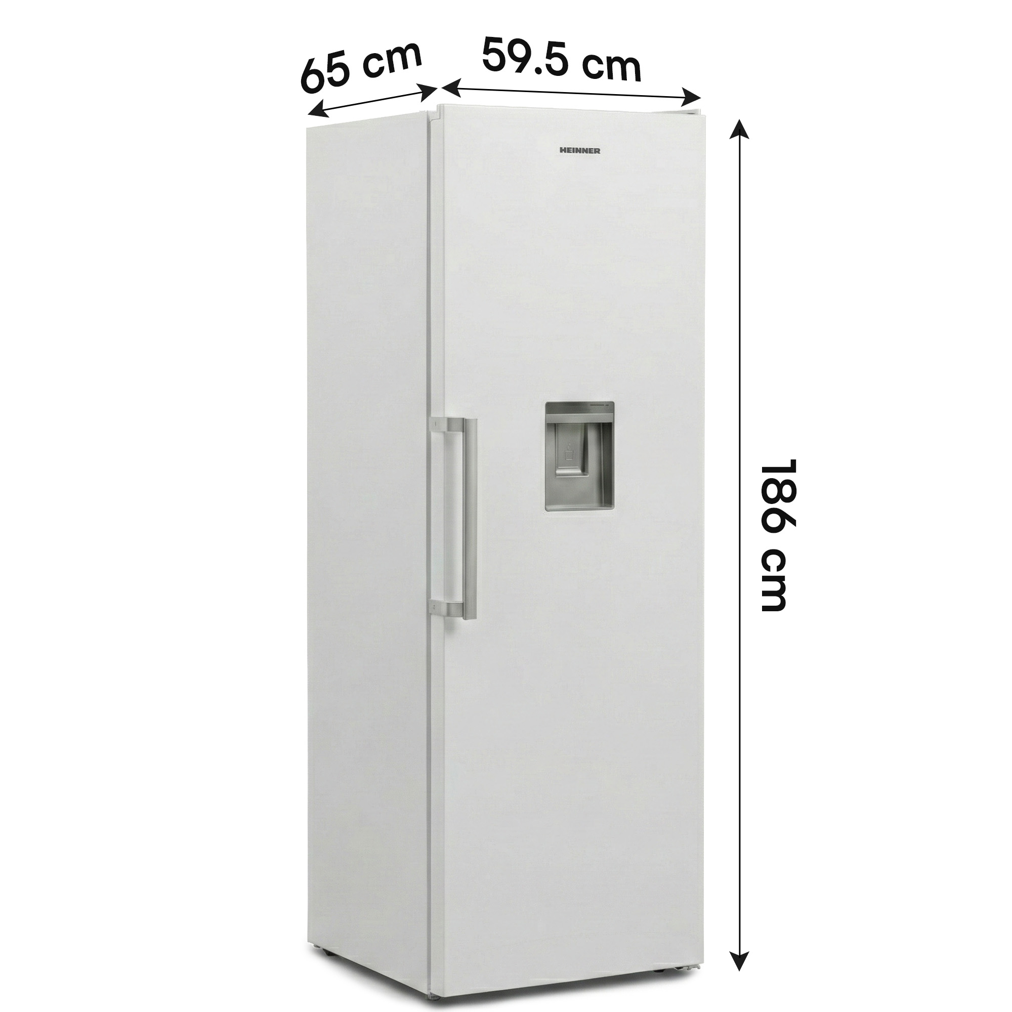 Witte koelkast met zilveren handvat en waterdispenser. Afmetingen: 186x65x59,5 cm.