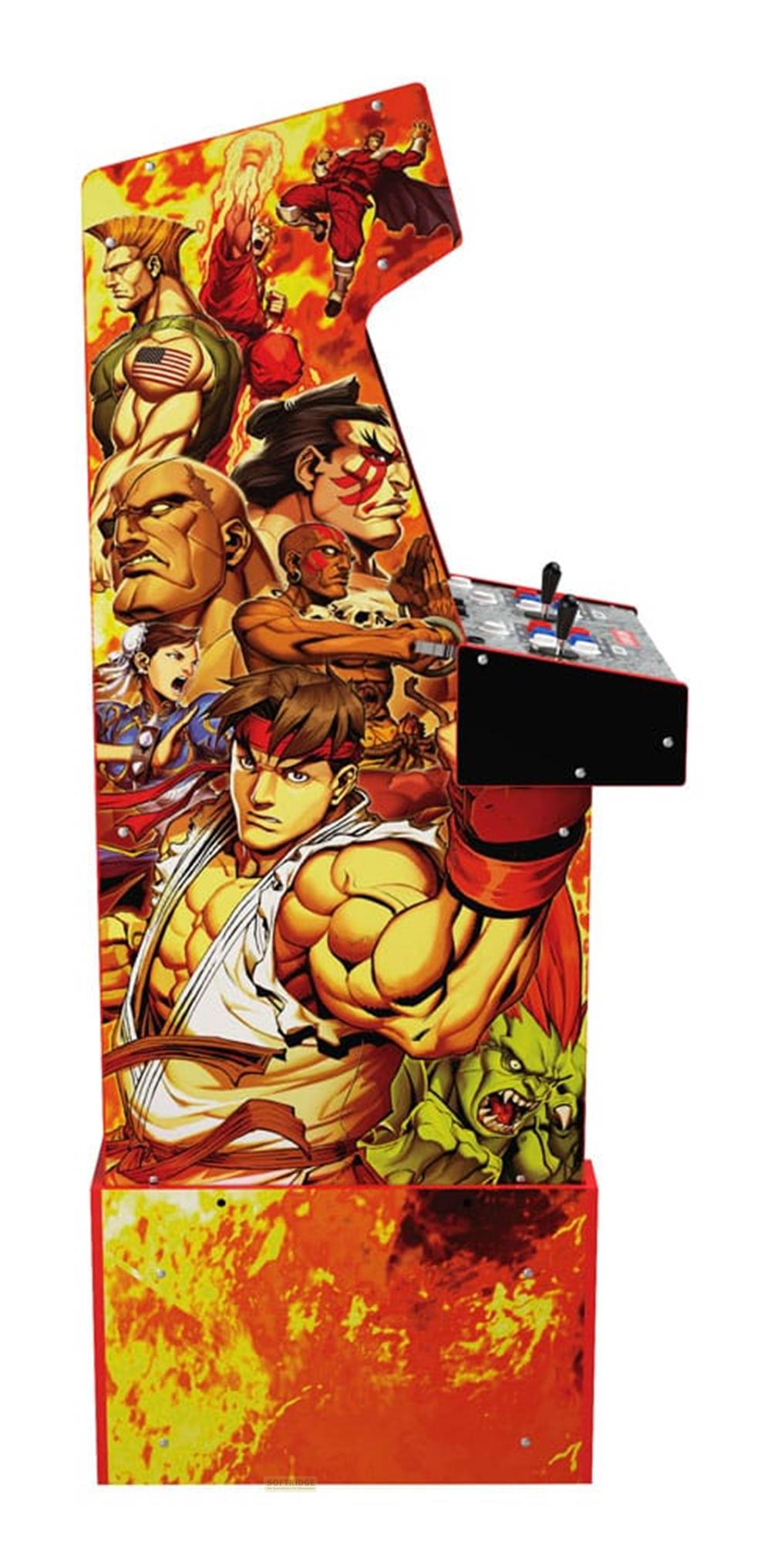 Mobile arcade con personaggi di Street Fighter su sfondo infuocato.