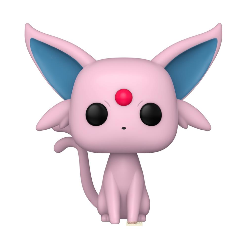Eine rosa Figur mit blauen Ohren sitzt mit nach hinten gekrümmtem Schwanz.