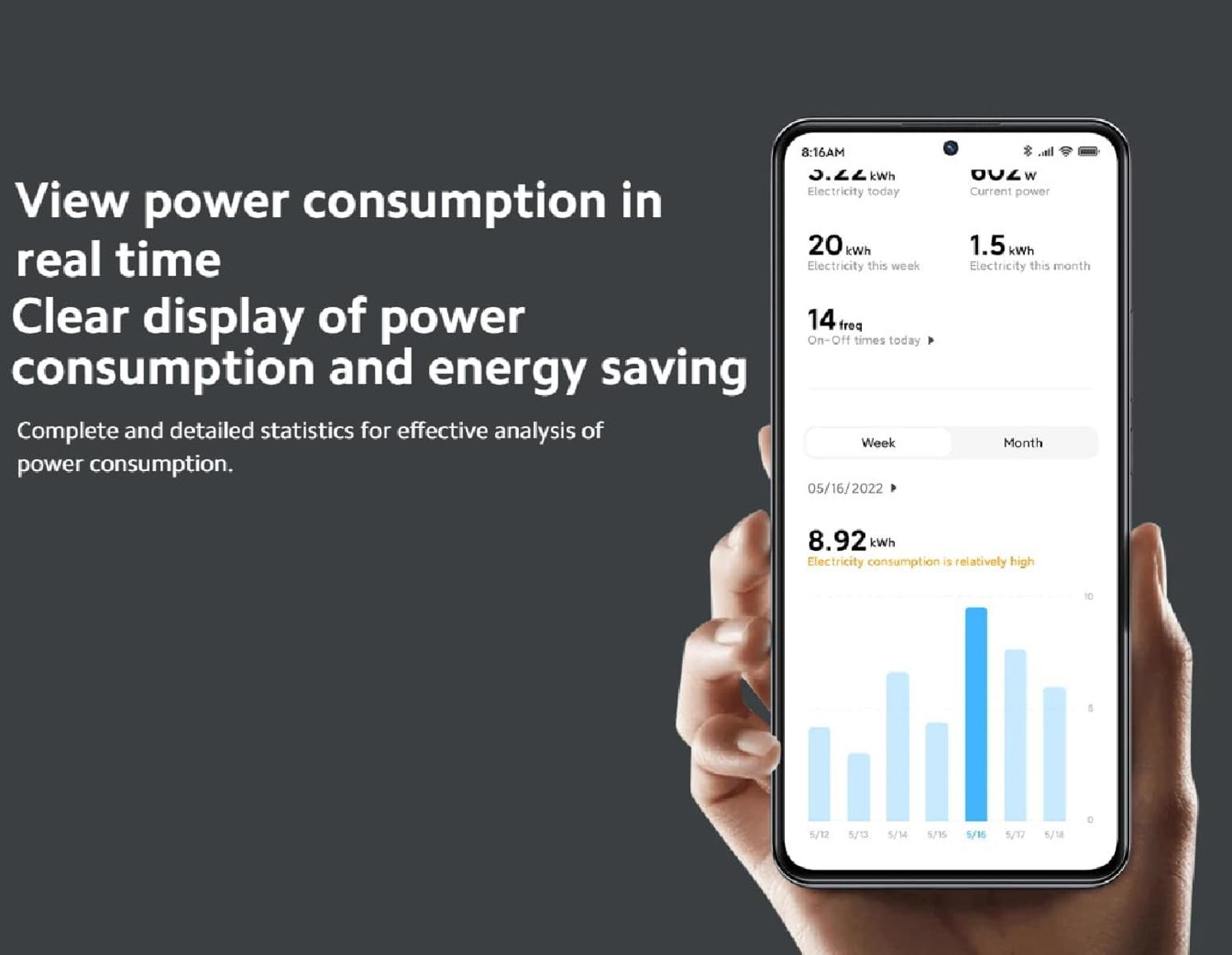 Dłoń trzyma smartfon wyświetlający dane o zużyciu energii.