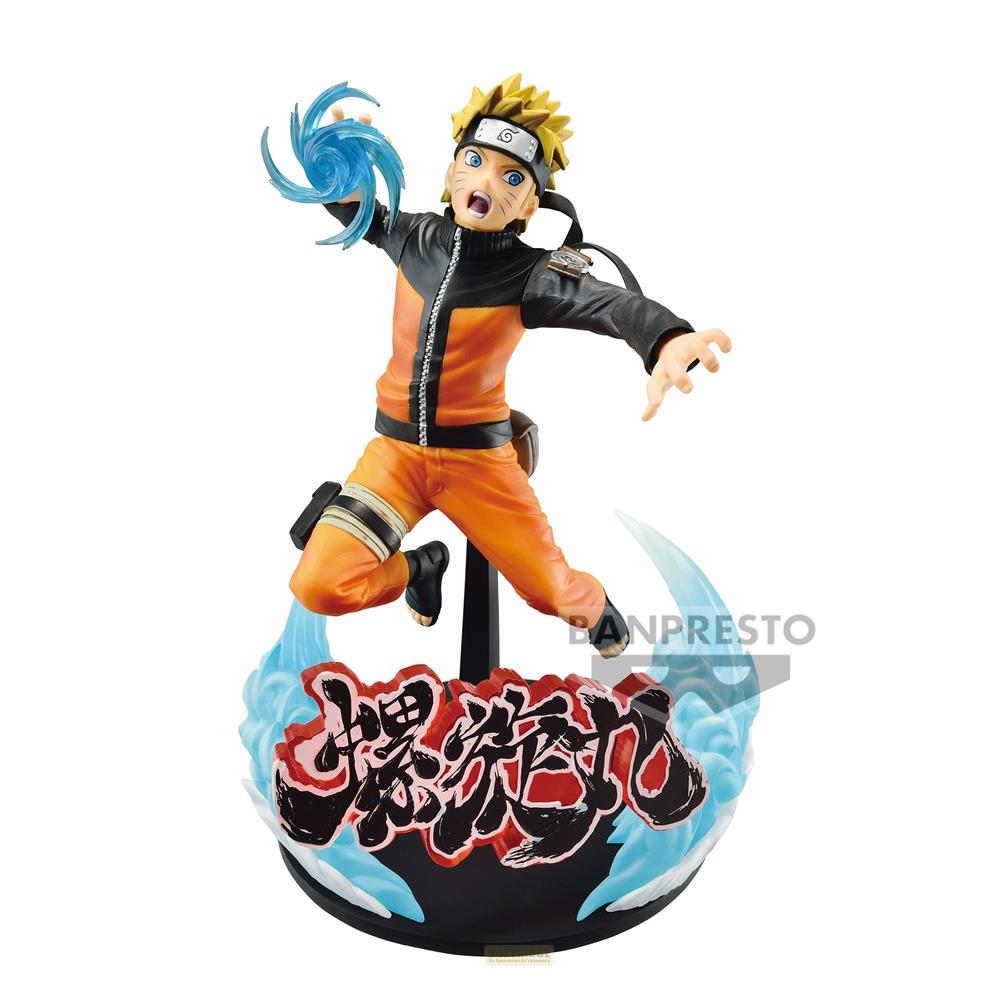 Naruto-Figur in orange-schwarzem Outfit, springt mit blauer Energie in der Hand.