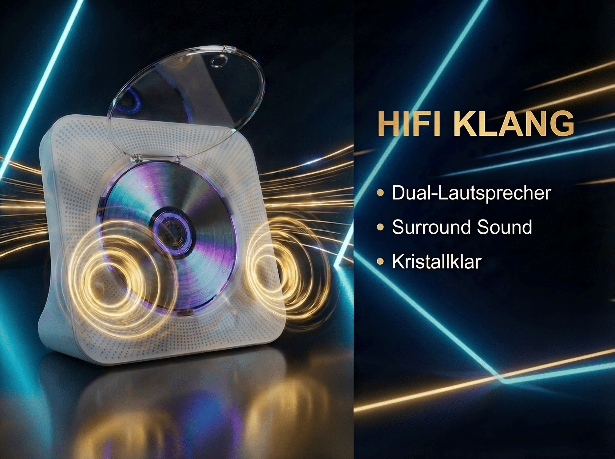 Ein weißer CD-Player mit CD, umgeben von Lichtern. Hifi Klang.