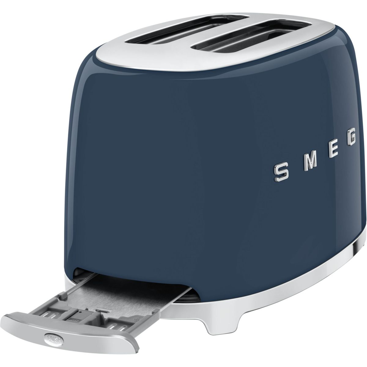 Gümüş detaylı ve uzatılmış kırıntı tepsili koyu mavi bir SMEG tost makinesi.
