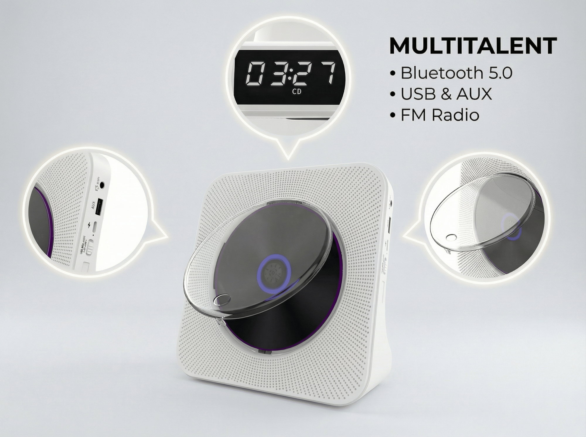 Ein weißer CD-Player mit Bluetooth, USB, AUX und FM-Radio wird gezeigt.