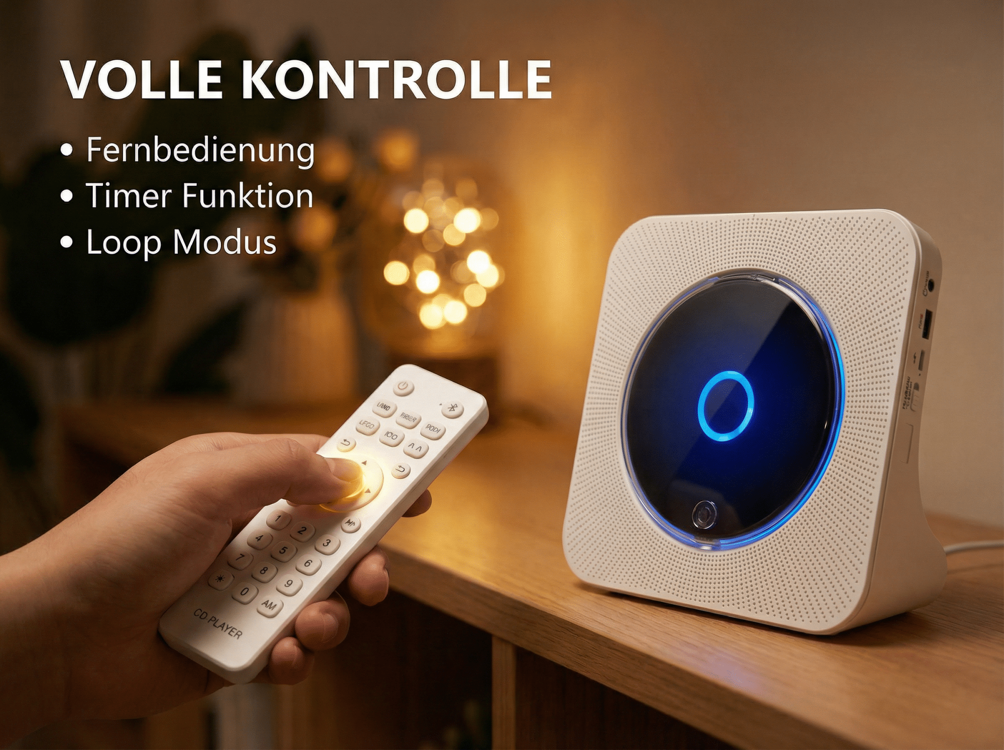Eine Hand hält eine weiße Fernbedienung vor einem CD-Player mit blauem Licht.