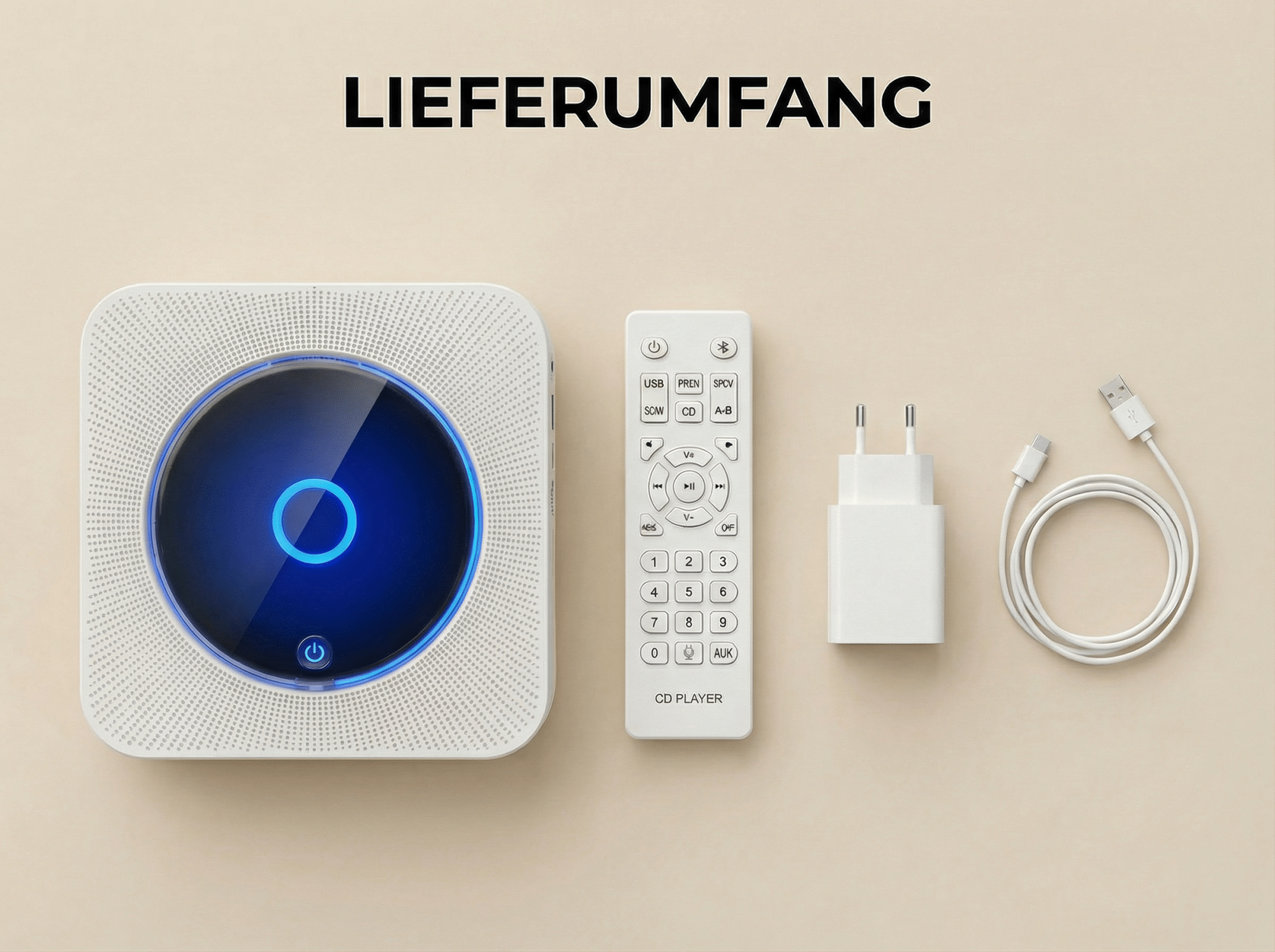CD-Player, Fernbedienung, Netzteil und USB-Kabel auf hellem Hintergrund.