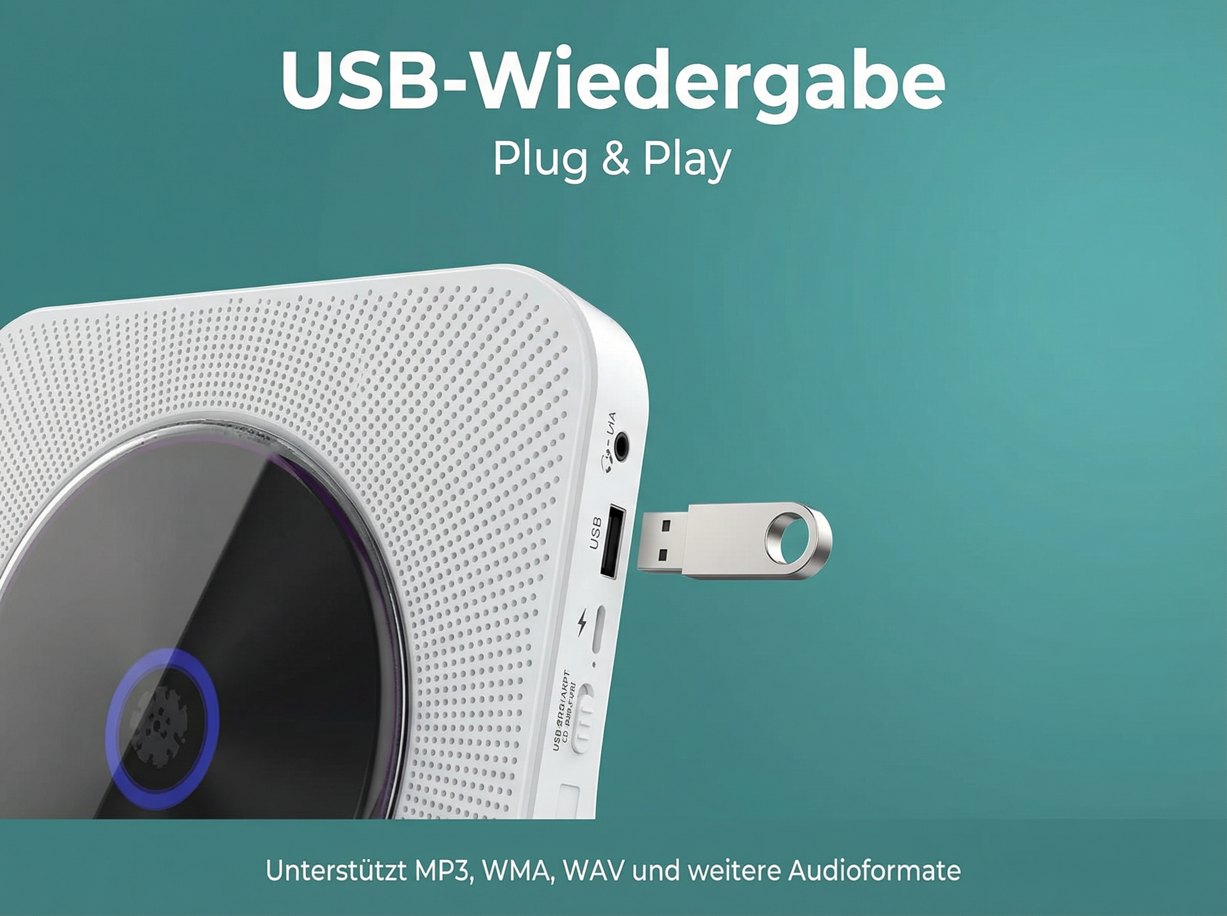 Ein weißes Gerät mit USB-Anschluss und einem eingesteckten USB-Stick.