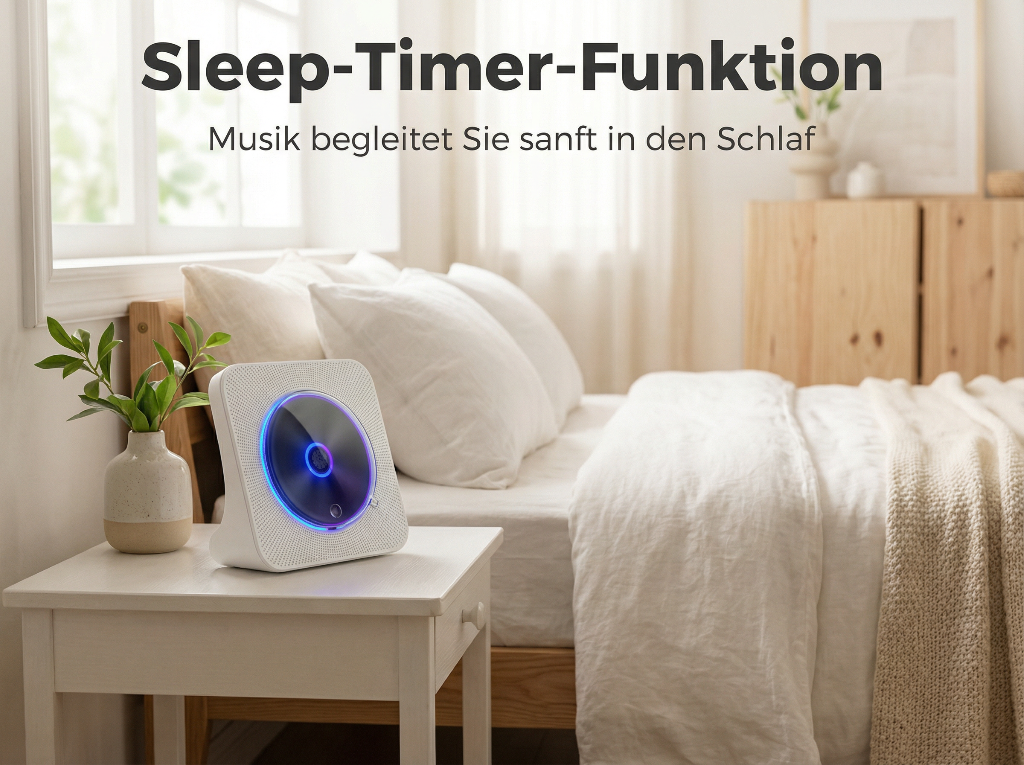 Weißer CD-Player mit blauer Beleuchtung auf Nachttisch neben Bett.