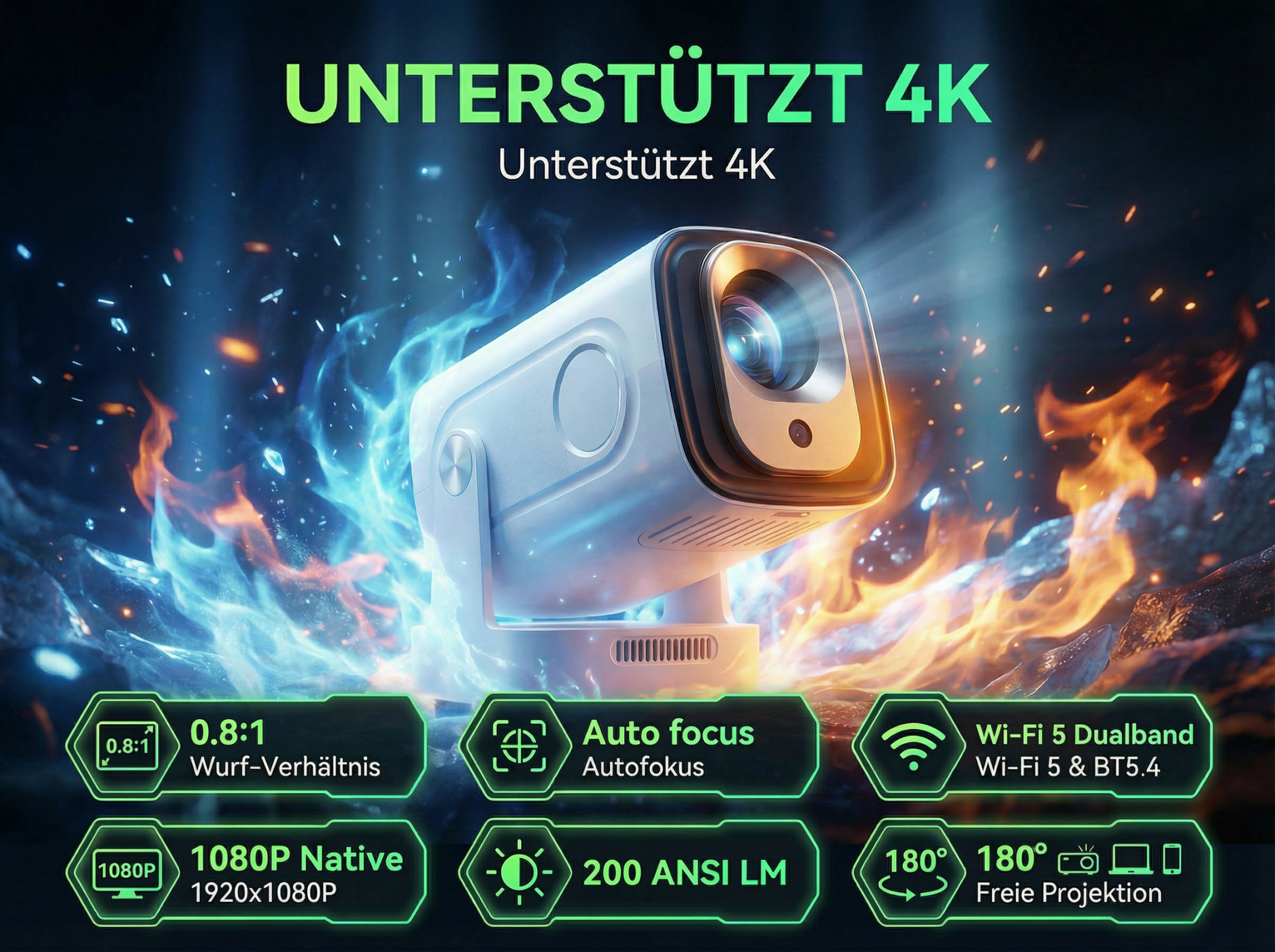Ein 4K-Projektor mit Fokus auf Flammen und blauen Energieeffekten.