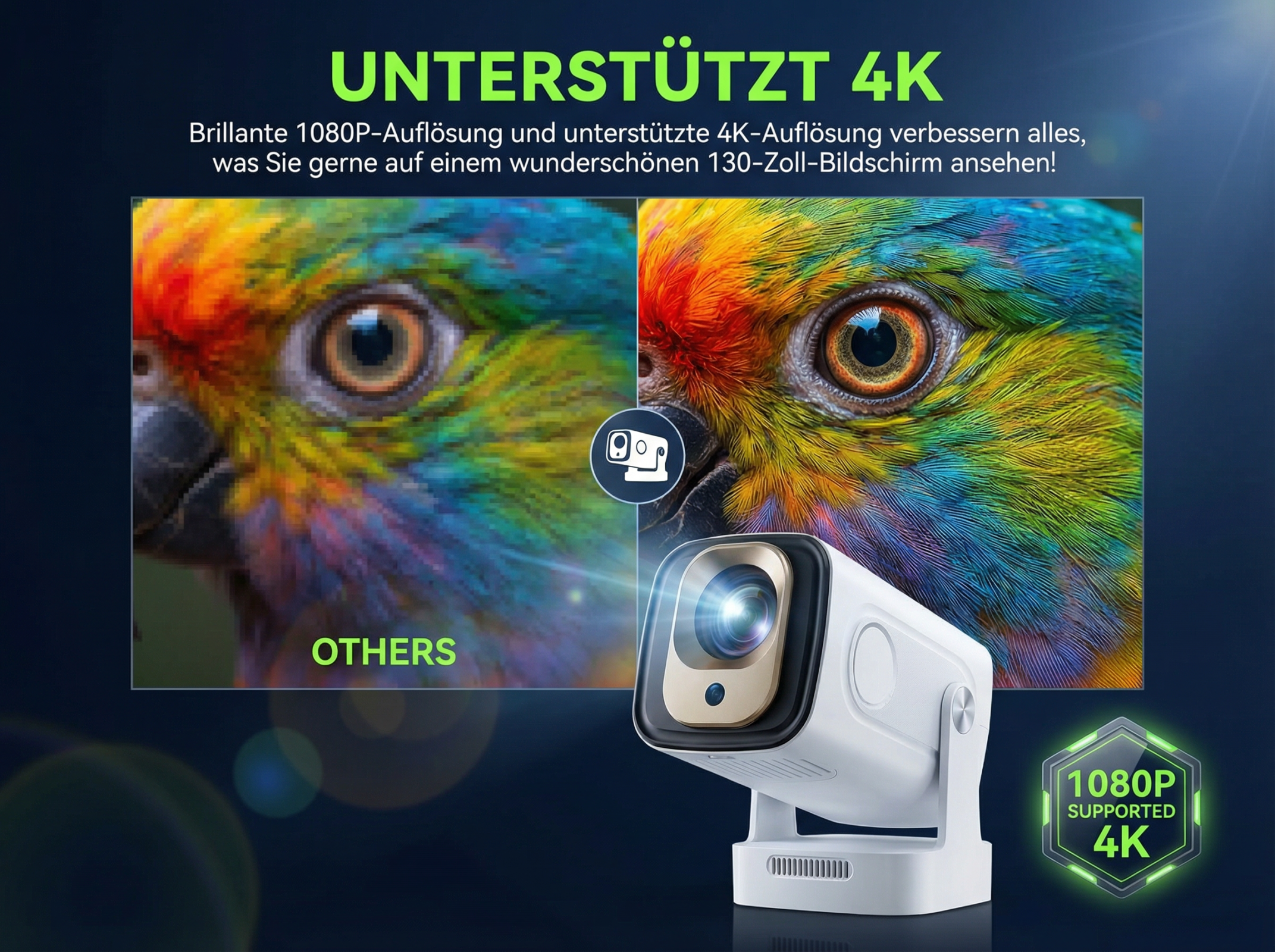 Vergleich von zwei Vogelbildern; eins unscharf, eins scharf. Ein Projektor wird gezeigt.
