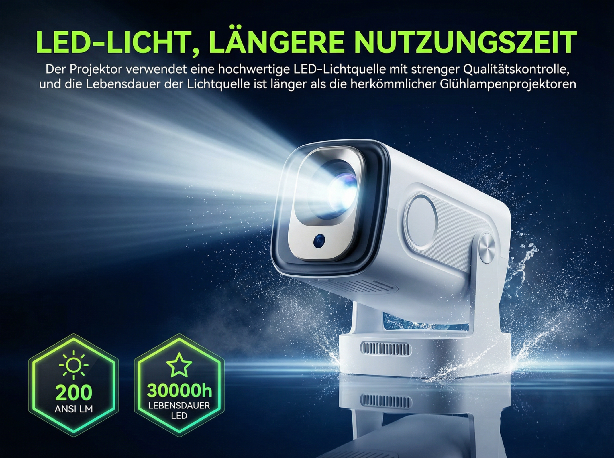 Ein weißer LED-Projektor strahlt Licht aus, mit Wasser und Partikeln umgeben.