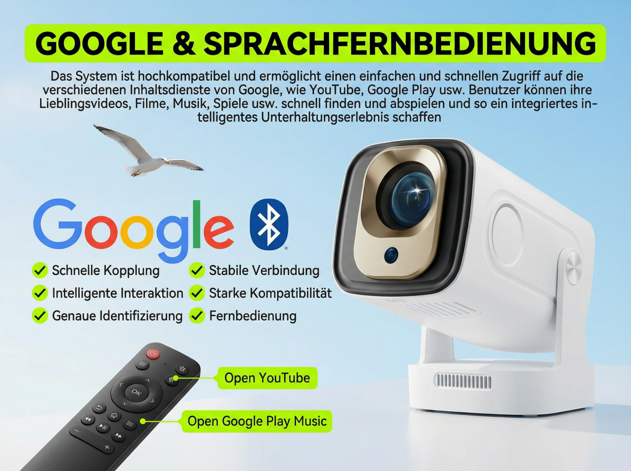 Ein weißer Projektor mit Google-Logo, Fernbedienung und Text über Sprachsteuerung.
