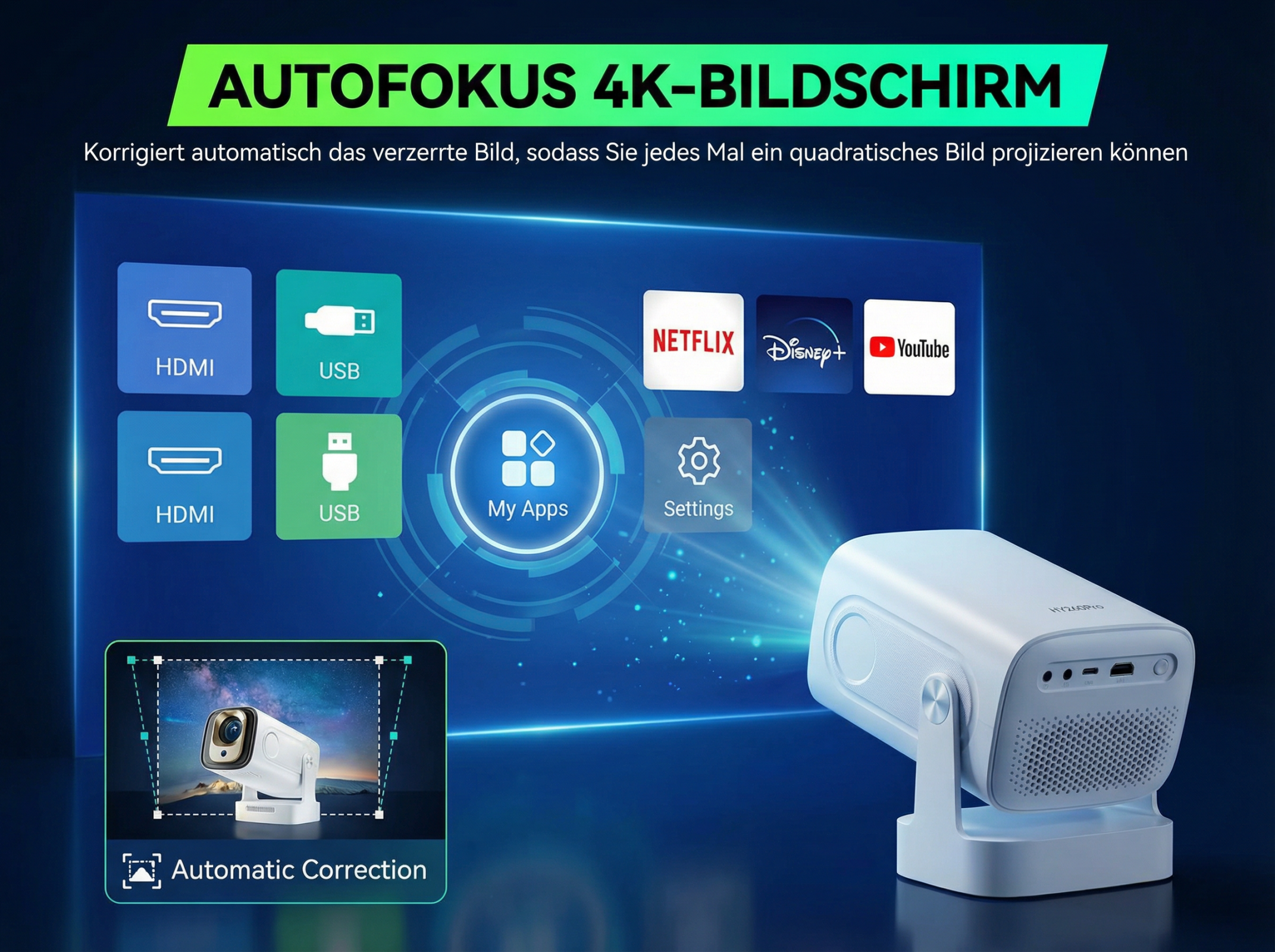 Projektor mit 4K-Autofokus-Bildschirm, zeigt App-Symbole und Anschlüsse.
