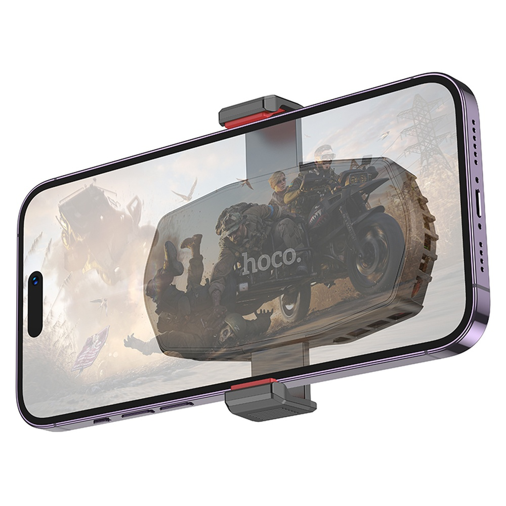 Smartphone con agarre gaming Hoco y fondo bélico.