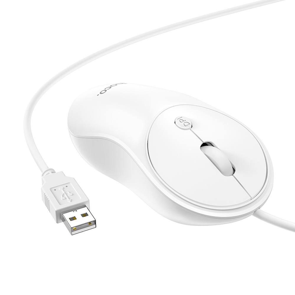Un ratón de ordenador USB blanco con cable, rueda y botón DPI sobre fondo blanco.