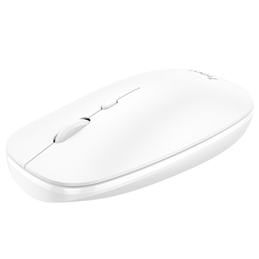 Un ratón inalámbrico blanco para ordenador con rueda de desplazamiento y dos botones.
