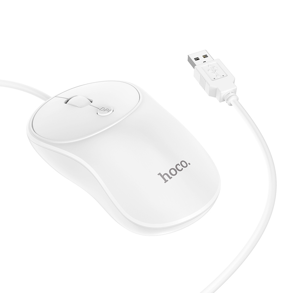 Un ratón blanco Hoco con cable USB y rueda de desplazamiento sobre fondo blanco.