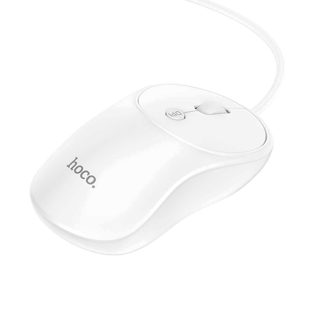 Un ratón de ordenador blanco con cable y botón DPI.