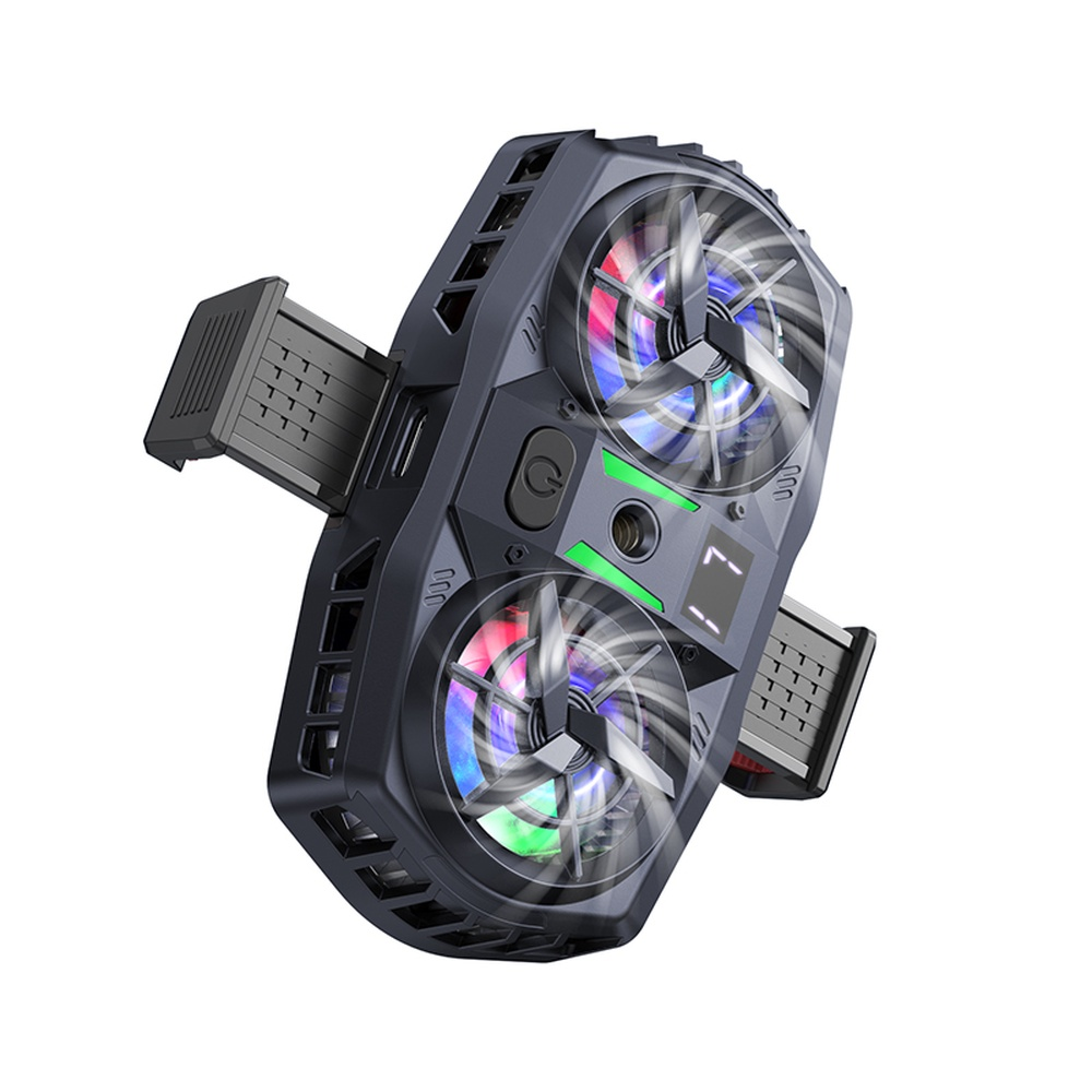Un enfriador de teléfono oscuro con dos ventiladores RGB y abrazaderas ajustables.
