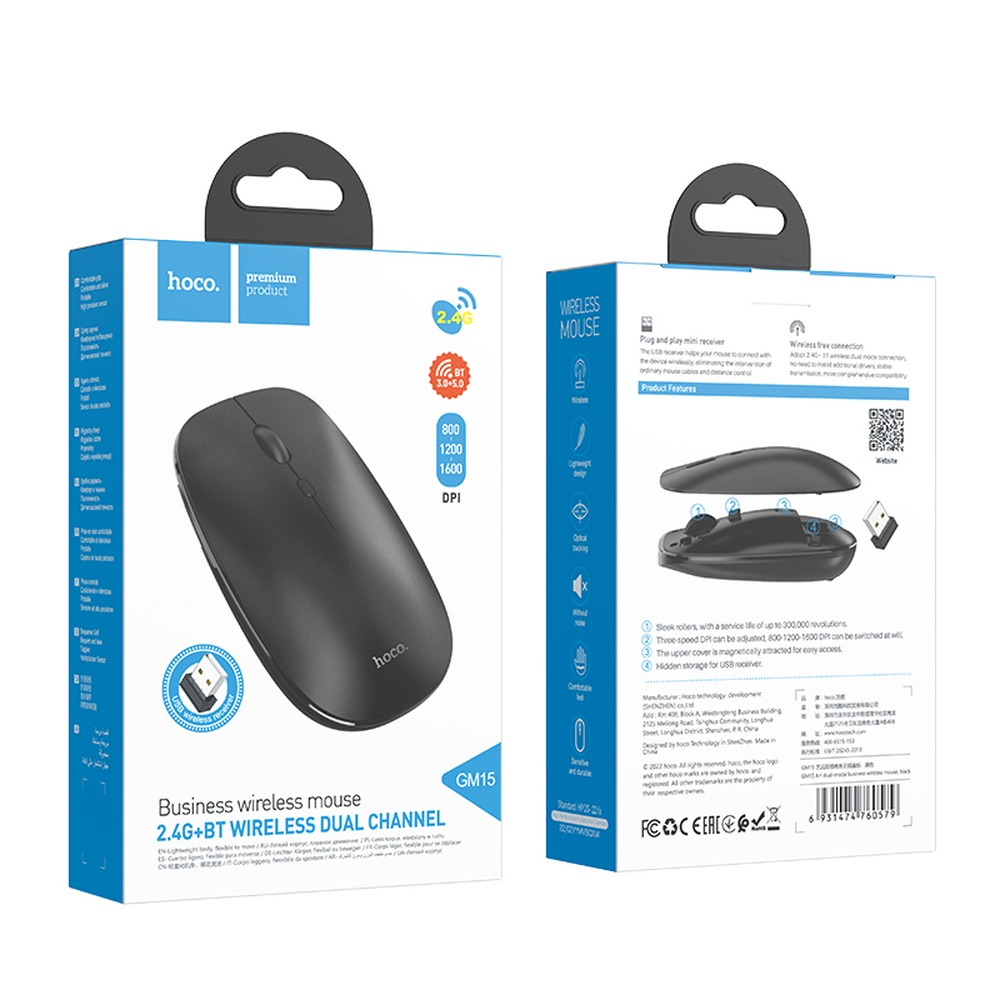 Ratón inalámbrico Hoco negro con conectividad 2.4G y BT, ajustes DPI.