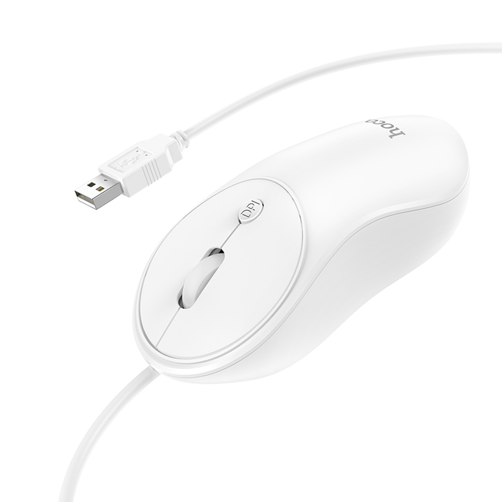 Un ratón de ordenador USB blanco con cable y botón DPI sobre fondo blanco.